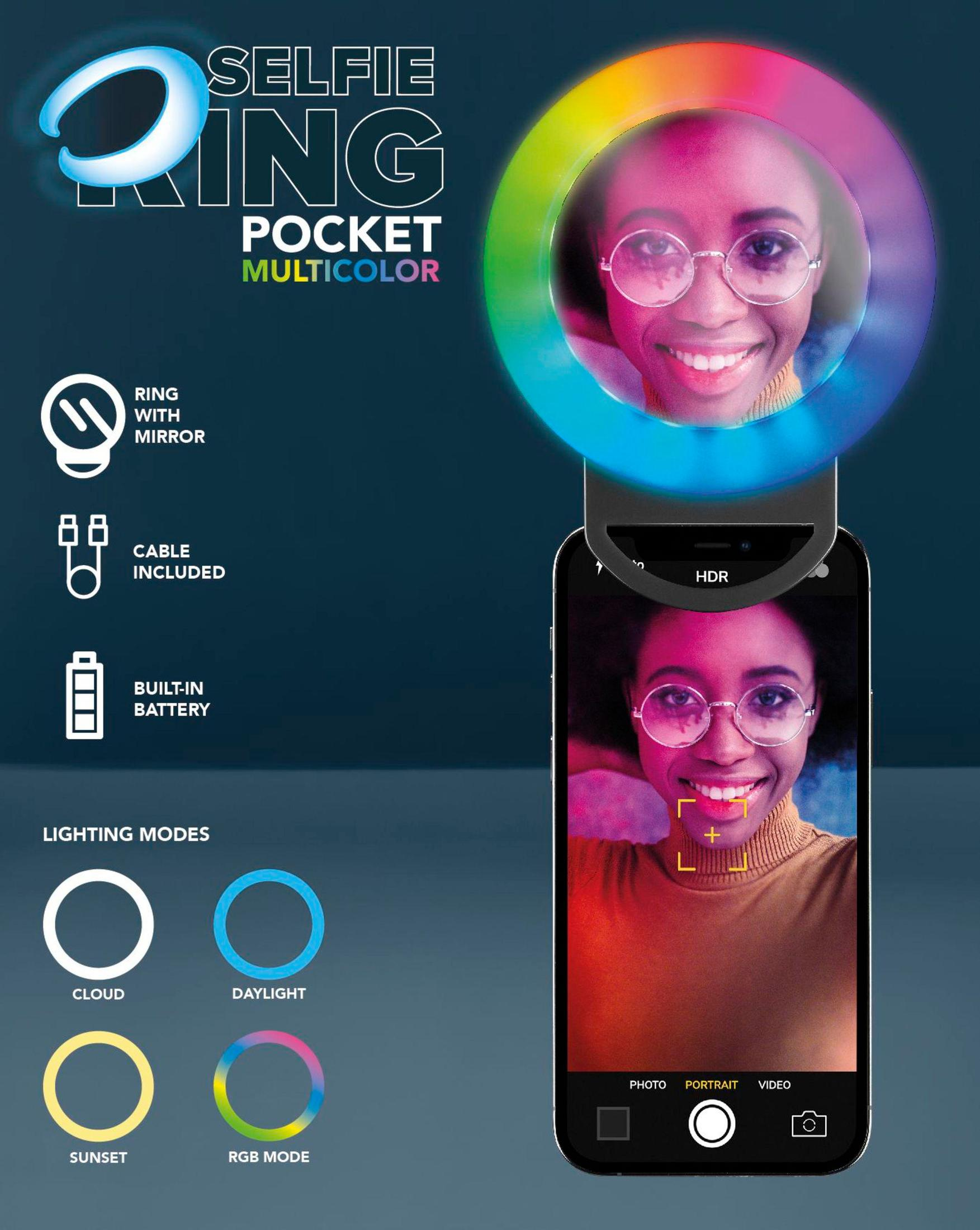 Selfie-Ringlicht mit Telefon. Schwarzes Telefon, Frau mit Brille. Mehrere Beleuchtungsmodi werden gezeigt.