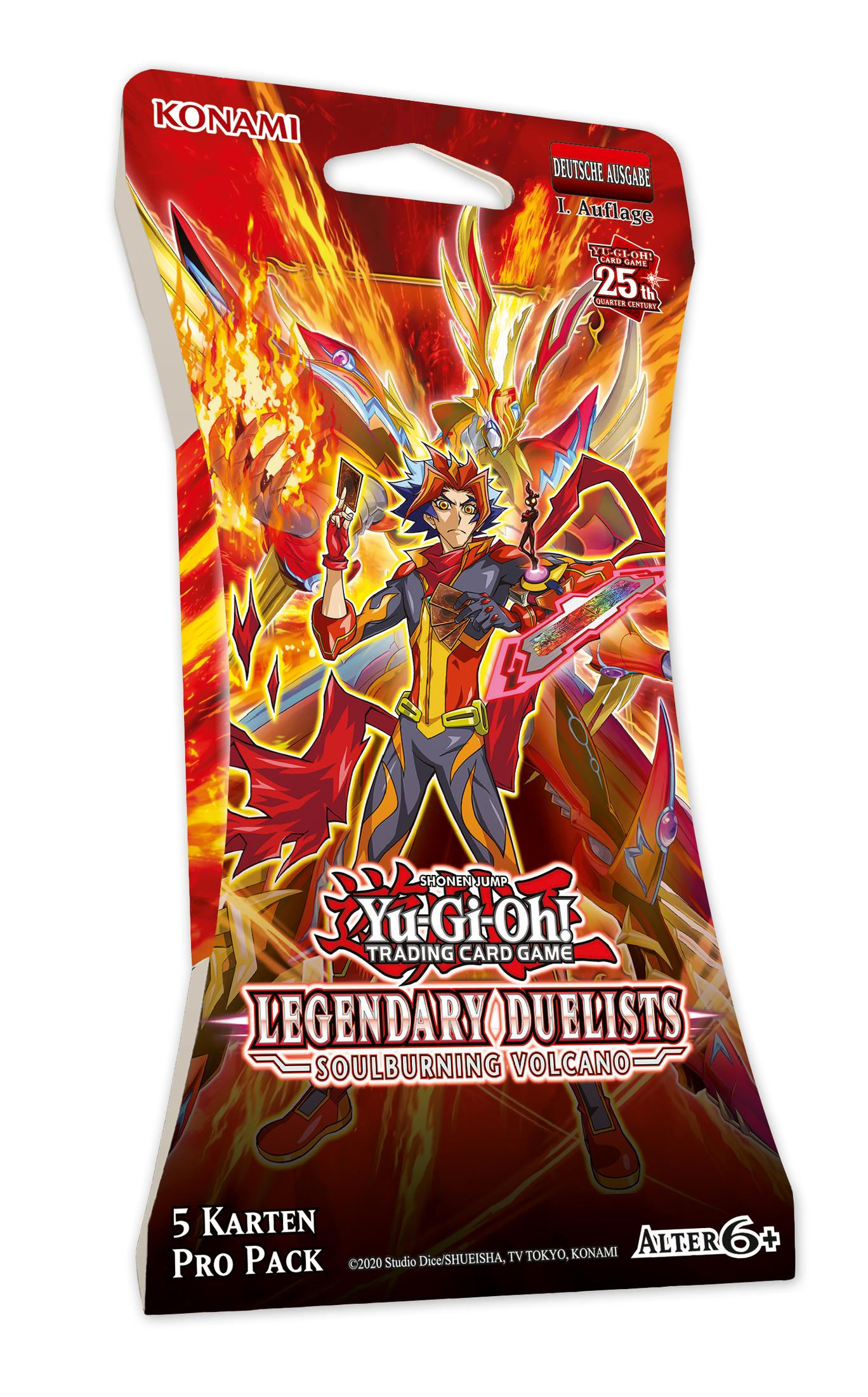 Yu-Gi-Oh! Kartenpackung. Auf der Vorderseite ist eine Figur mit Feuereffekten und das Spiel-Logo zu sehen.