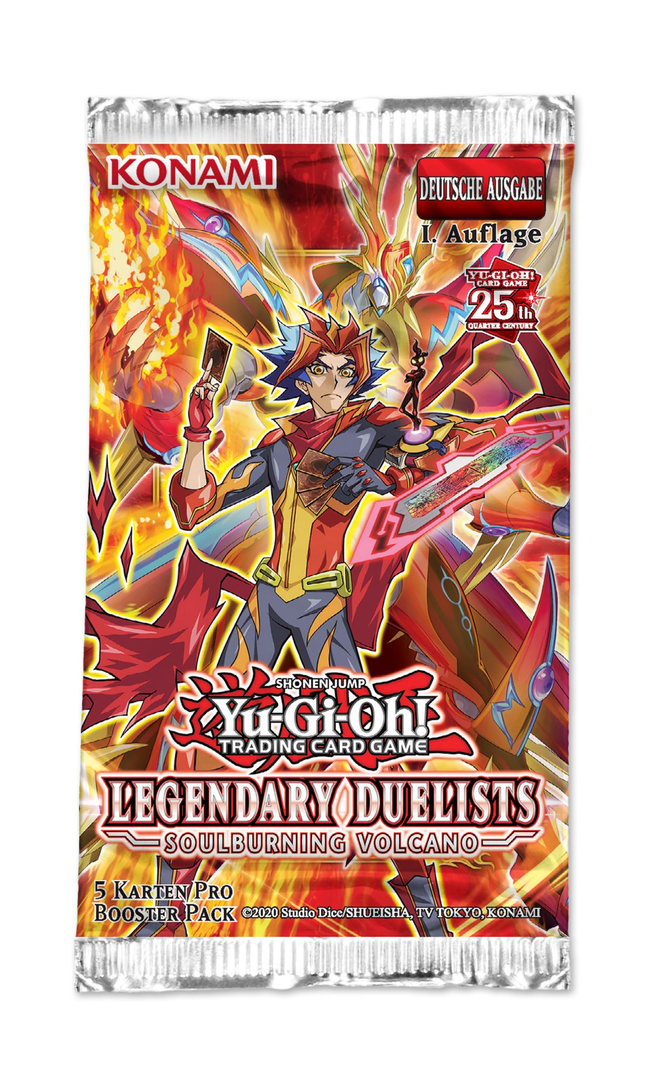 Ein Yu-Gi-Oh! Legendary Duelists Kartenpack mit feurigem Hintergrund und einem Charakter auf der Vorderseite.