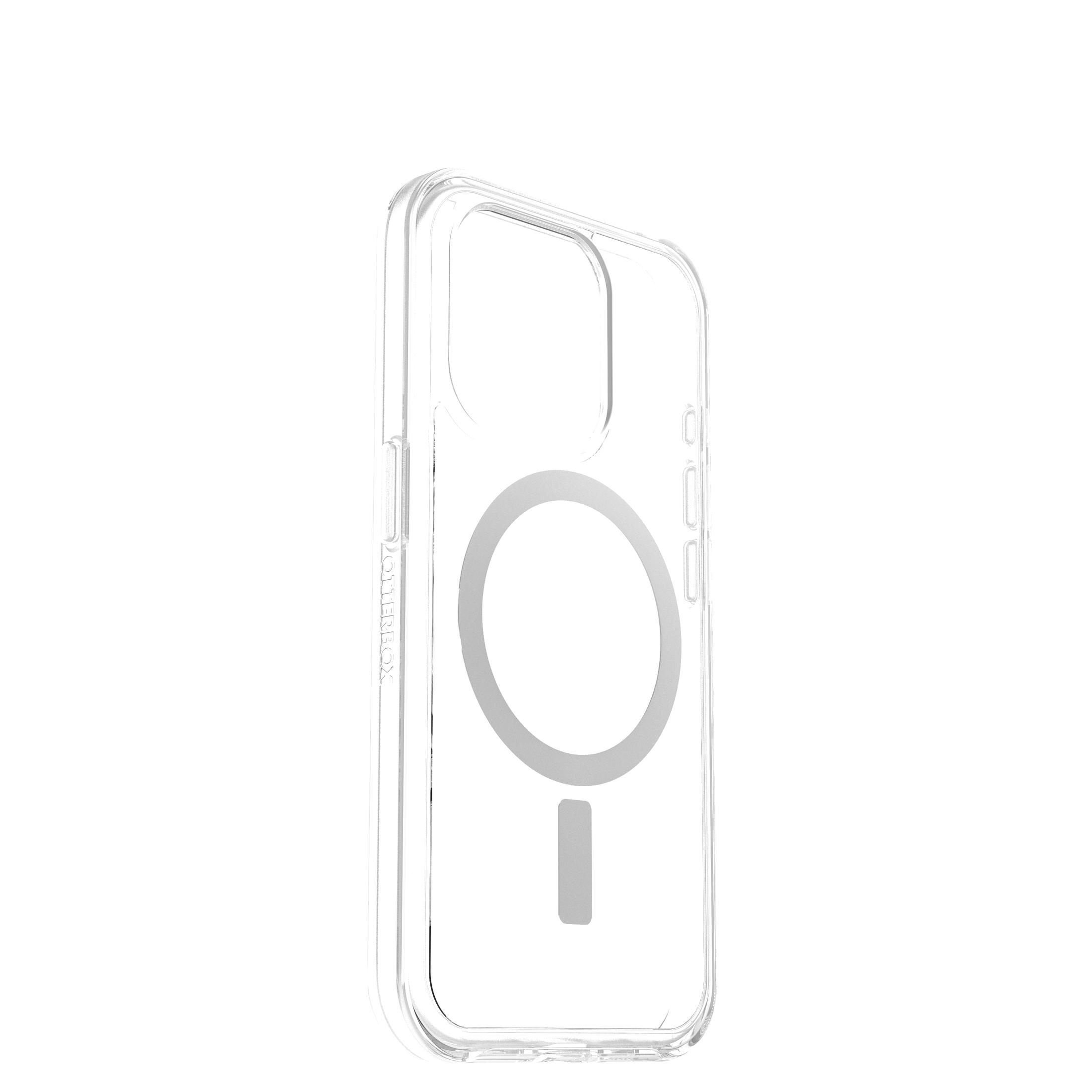 Transparante telefoonhoes. Transparante hoes met een cirkelvormig magnetisch oplaadgedeelte. Witte achtergrond.