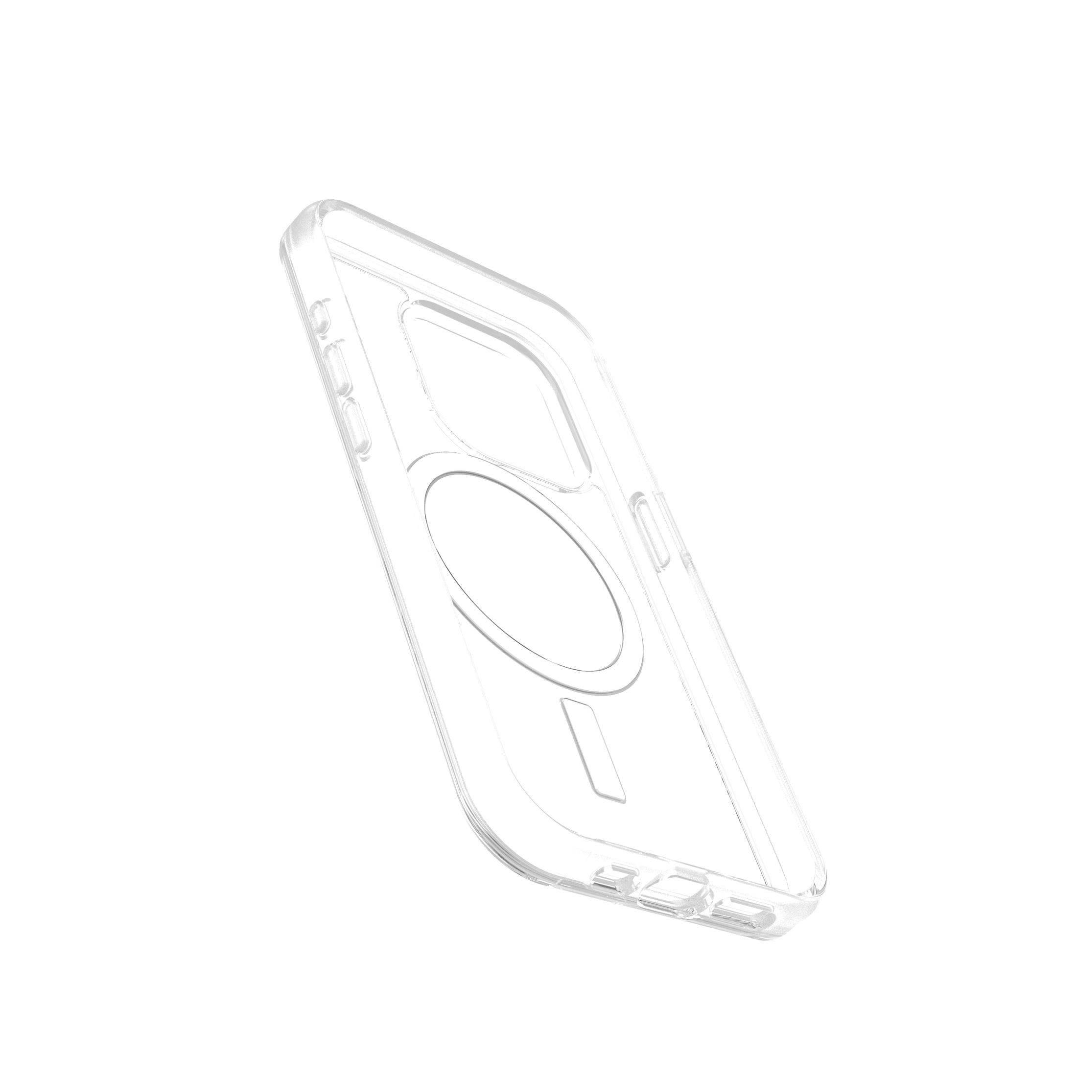 Transparante telefoonhoes, met de MagSafe-ring en de knopuitsparingen.