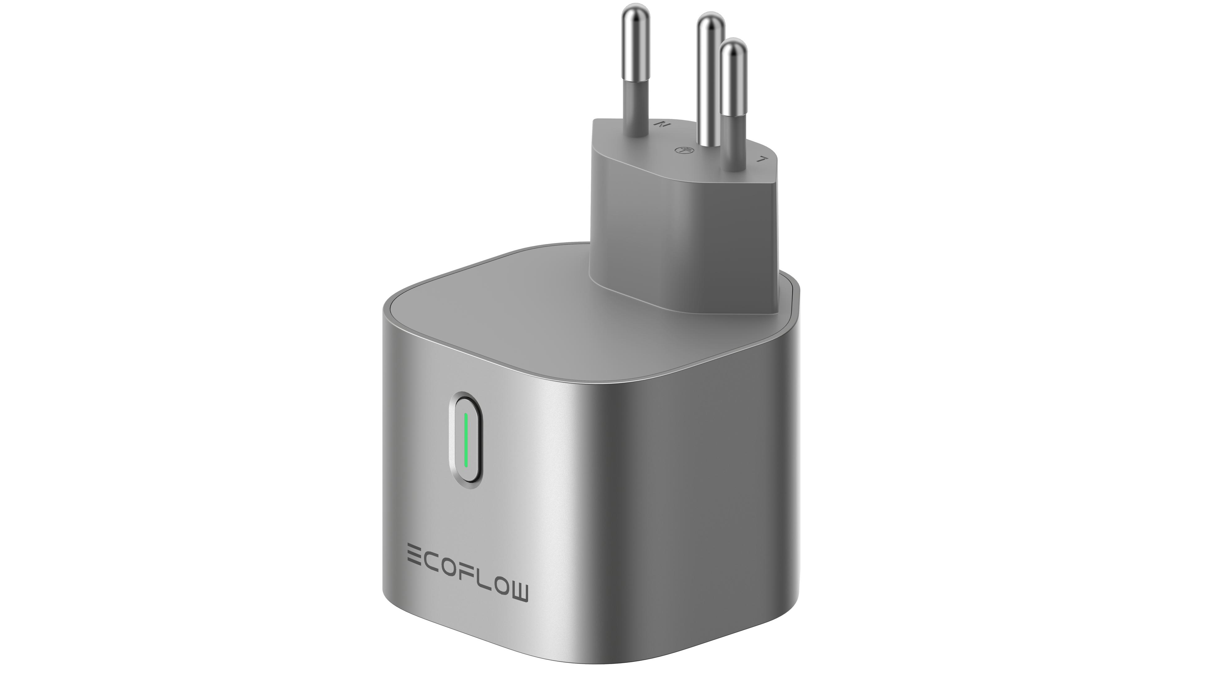 Ein graues ECOFLOW-Ladegerät mit grünem Licht. Das Ladegerät hat einen Stecker und ein modernes Design.