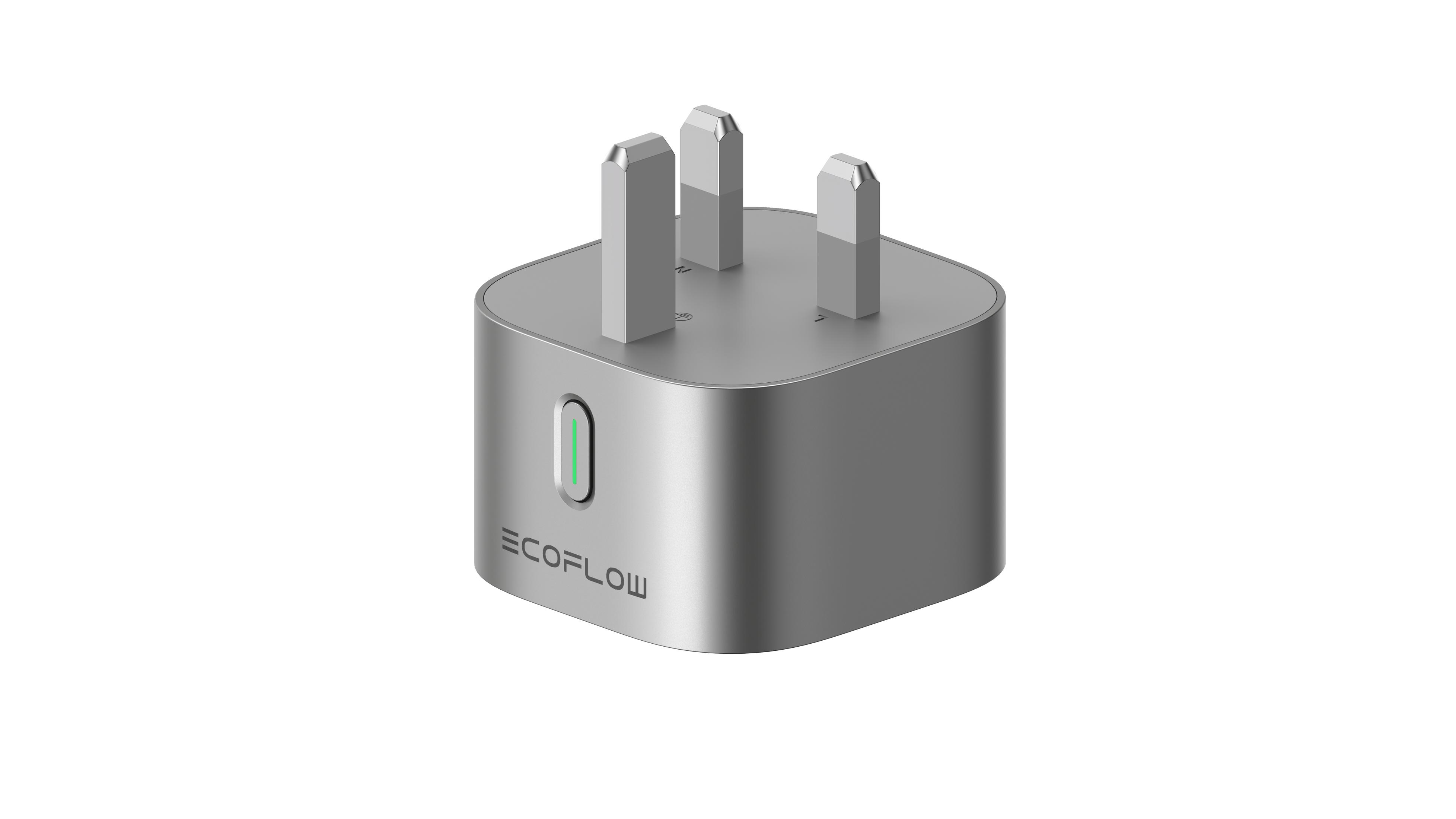 Silberner Netzadapter mit drei Stiften. ECOFLOW-Logo. Weißer Hintergrund.