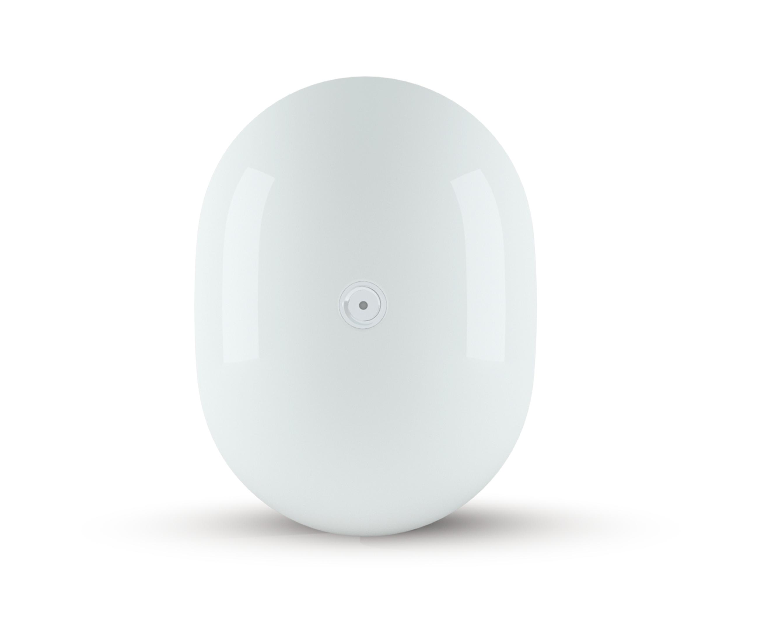 Owalne, białe urządzenie, prawdopodobnie produkt smart home, na białym tle.