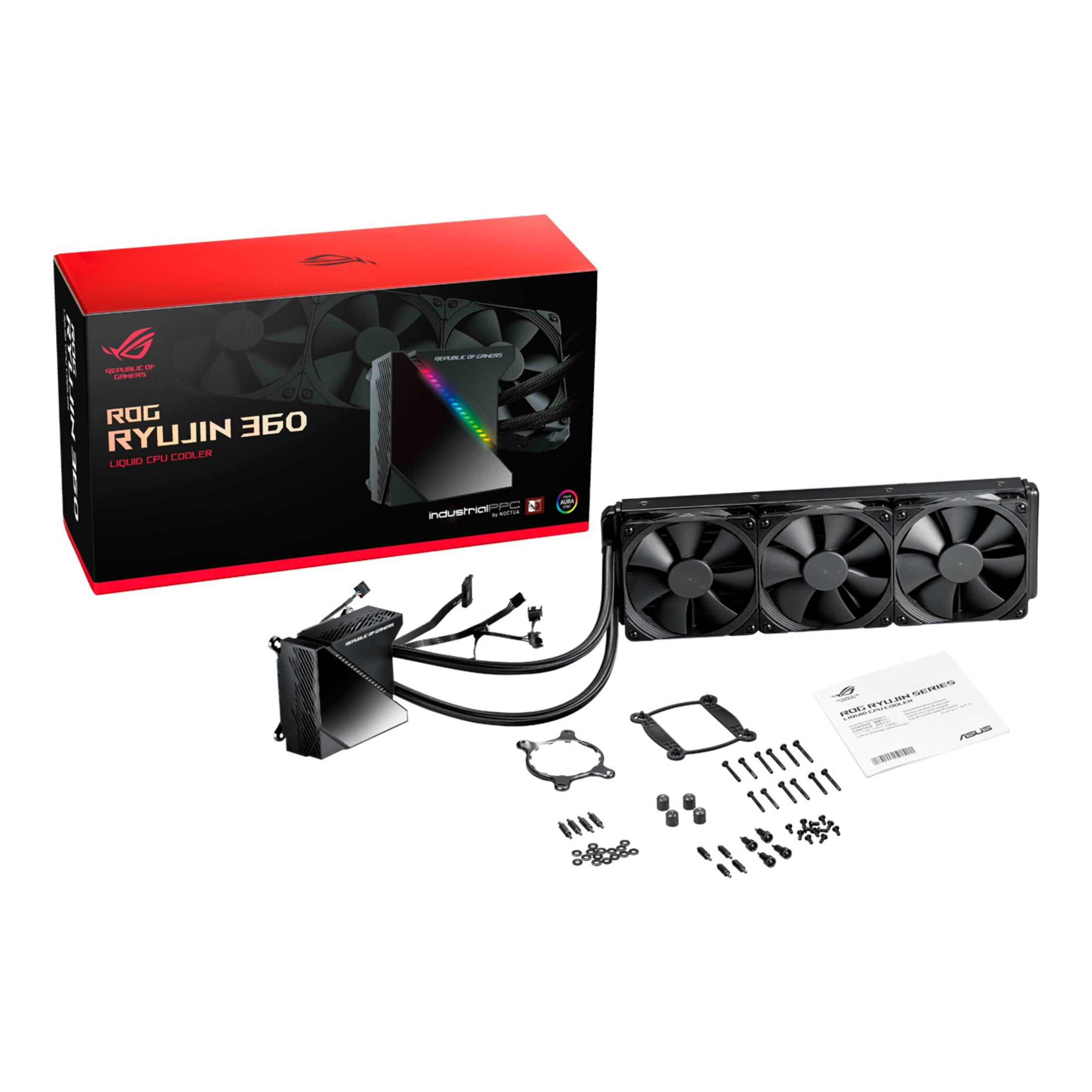 Zestaw pudełkowy chłodzenia cieczą CPU ROG Ryujin 360 z częściami i akcesoriami.