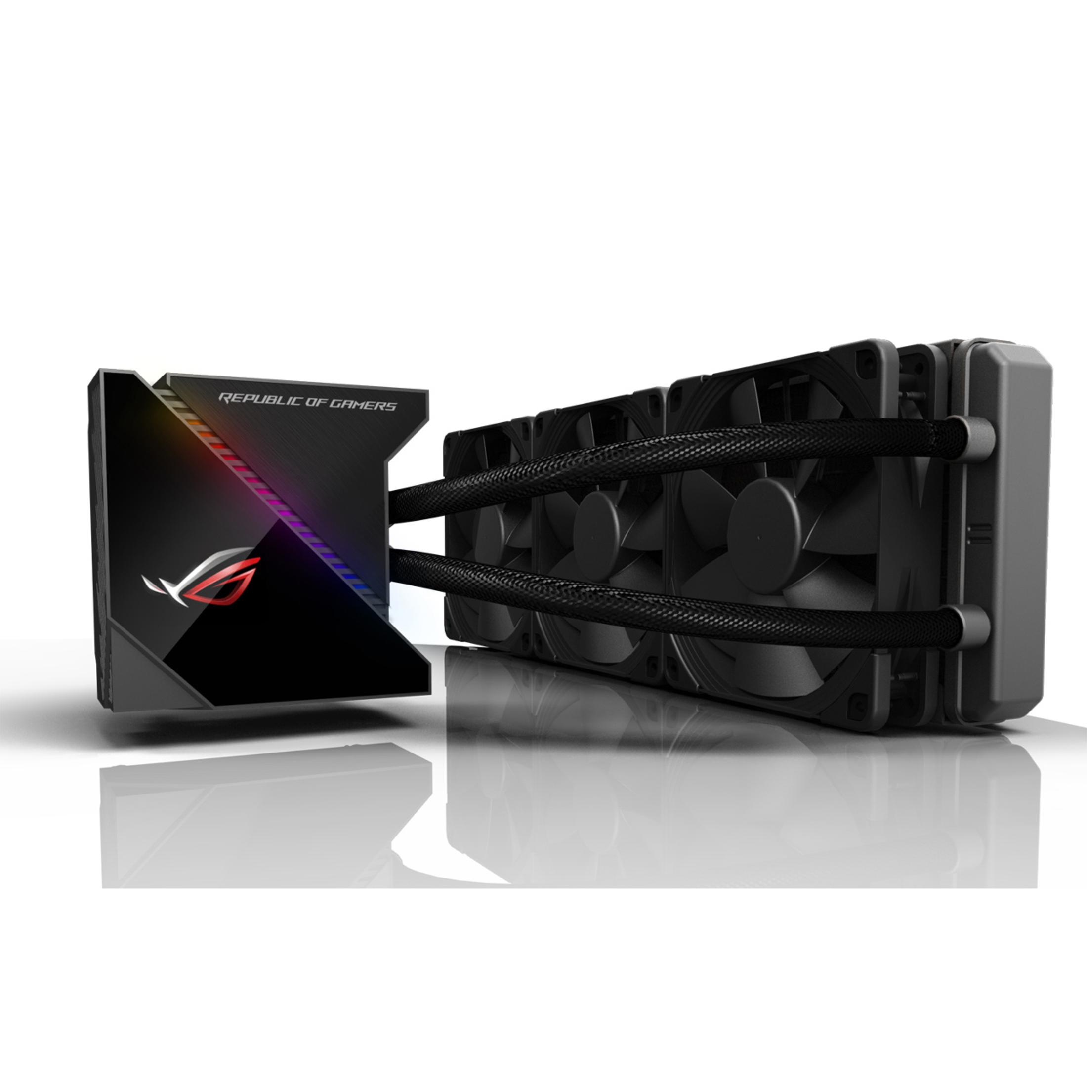 Czarny i srebrny chłodnica cieczy do PC z logo Republic of Gamers.