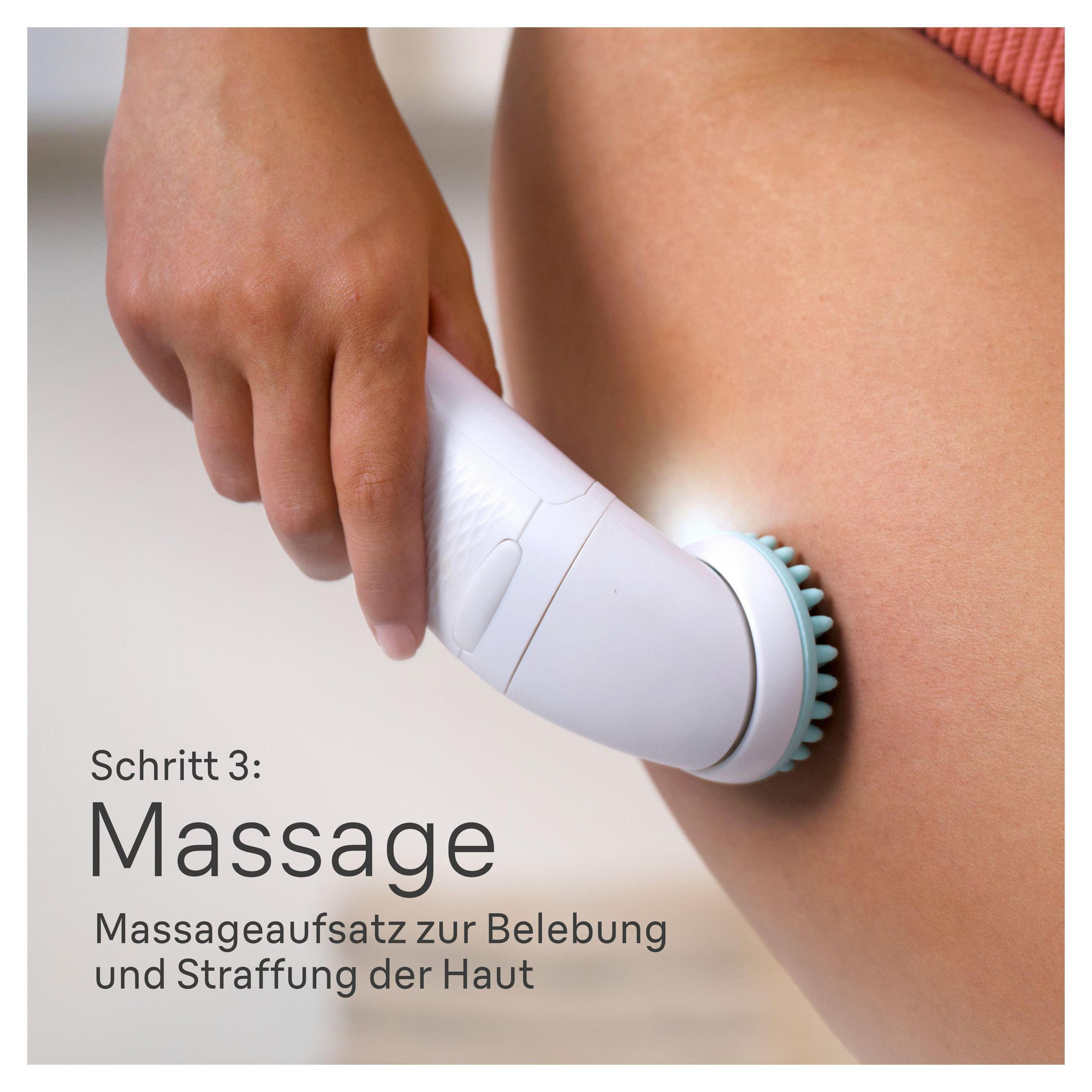 Ręka używająca narzędzia do masażu na nodze, z tekstem o masażu.