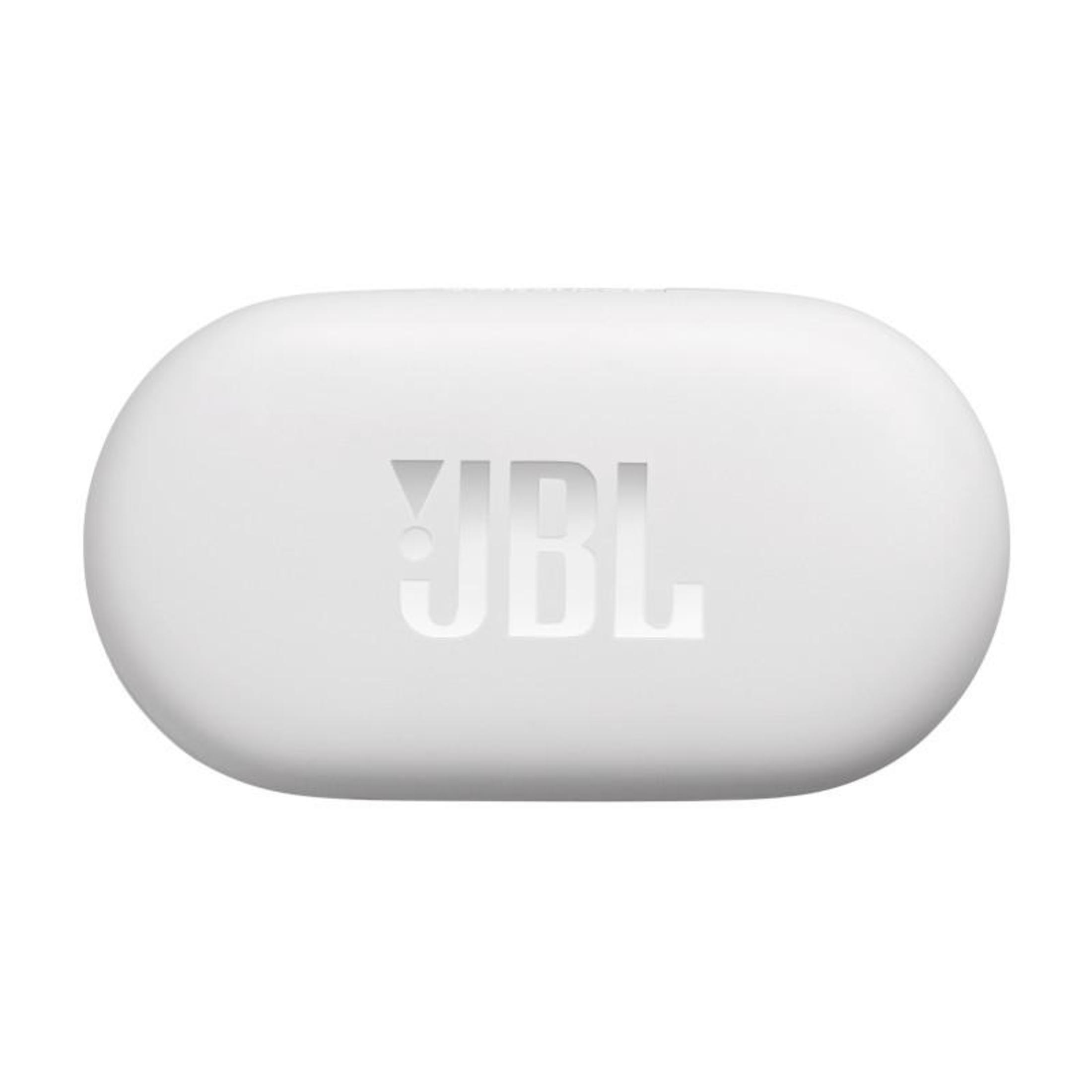 Una funda de altavoz JBL blanca, de forma ovalada, con el logotipo JBL en relieve.