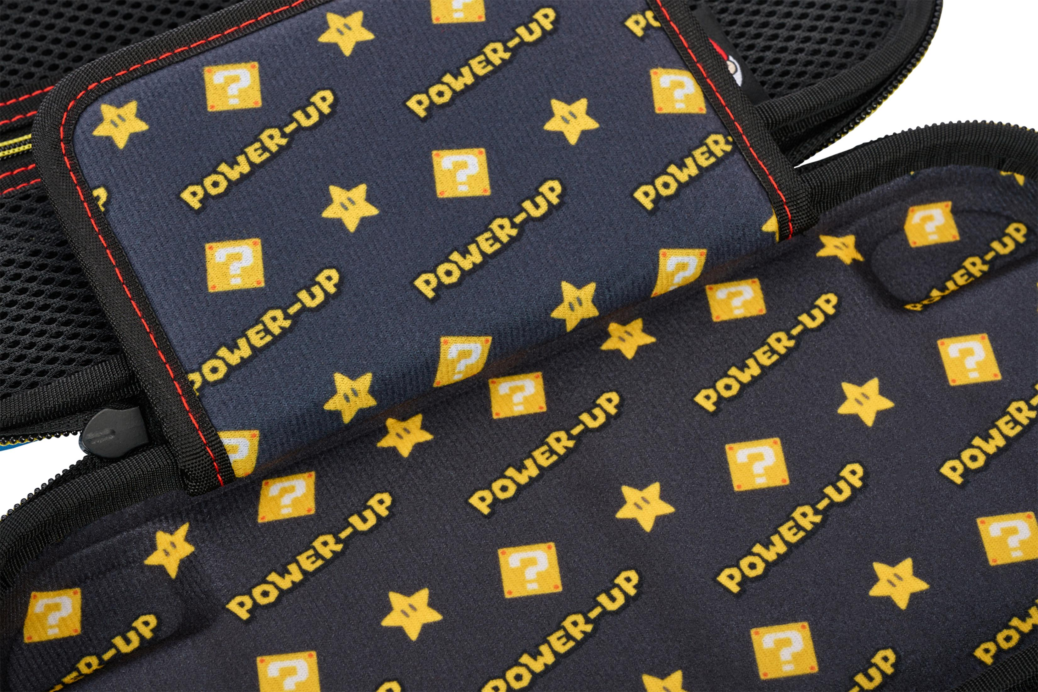 Primer plano de una funda de Nintendo Switch con un patrón repetitivo de estrellas amarillas y signos de interrogación.
