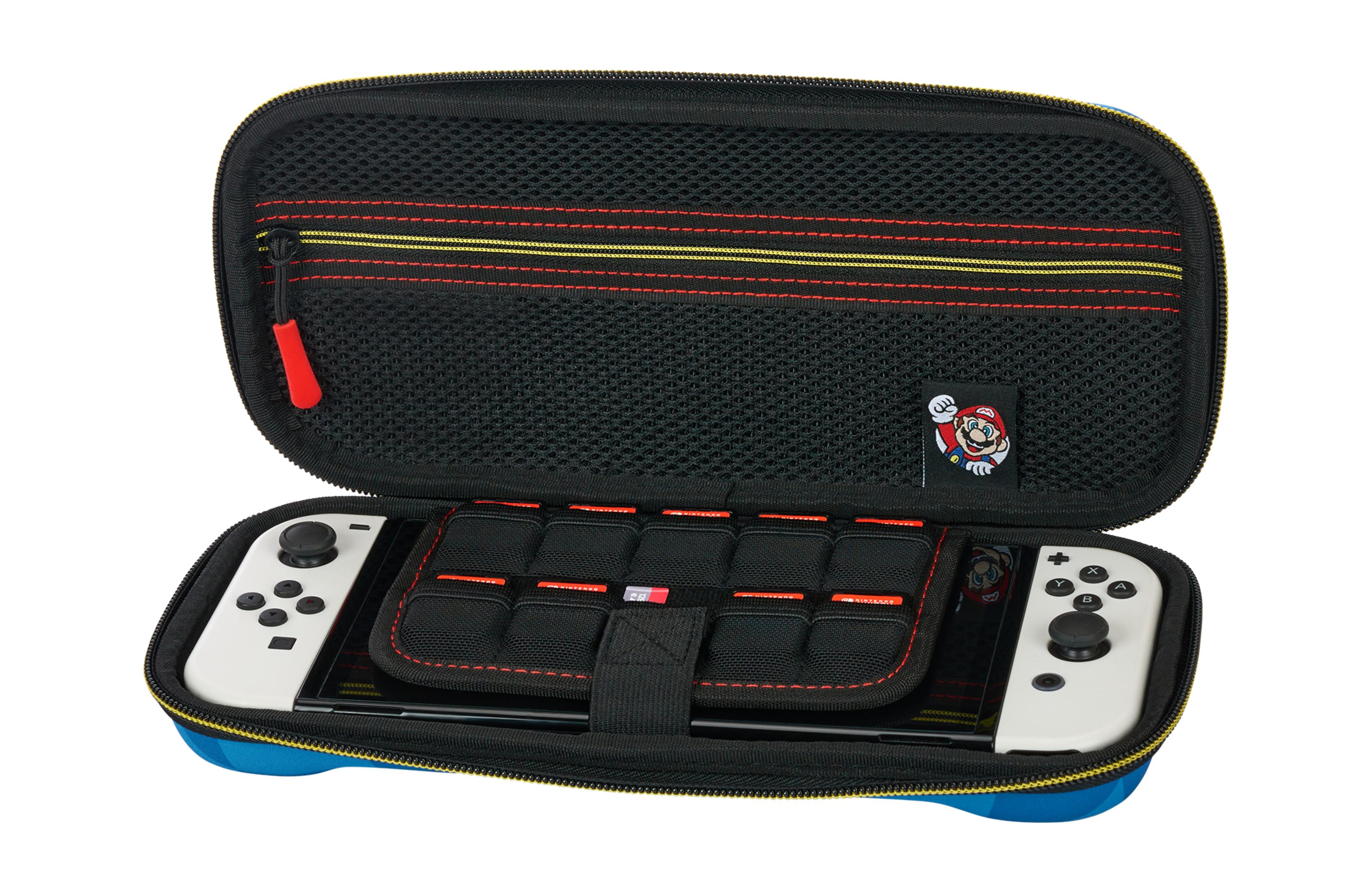Estuche de Nintendo Switch abierto con consola y mandos dentro.