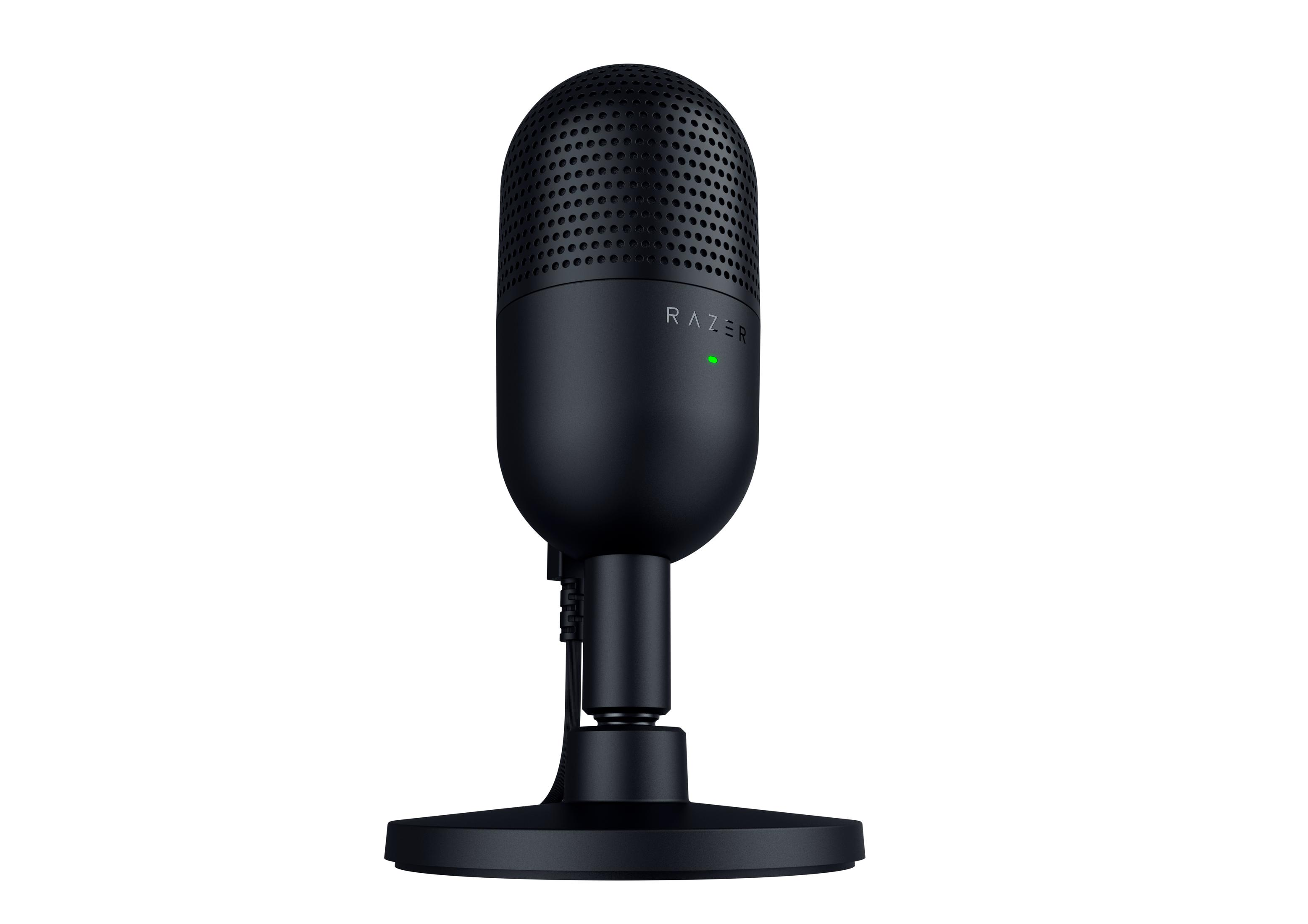 Microfono nero con logo Razer. Ha una luce verde e un supporto.