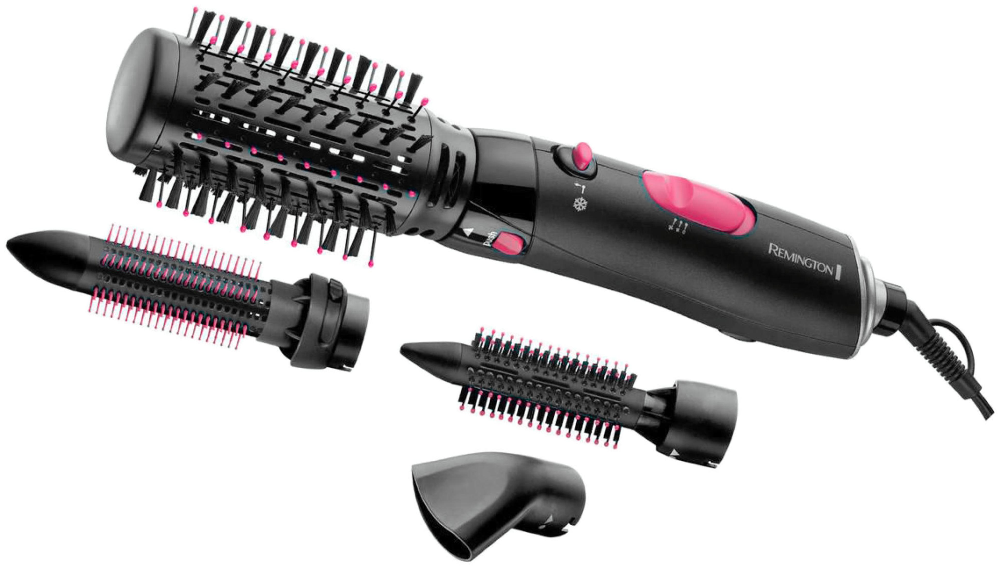 Çoklu ek parçalı siyah Remington saç şekillendirici. Şekillendiricide pembe vurgular.