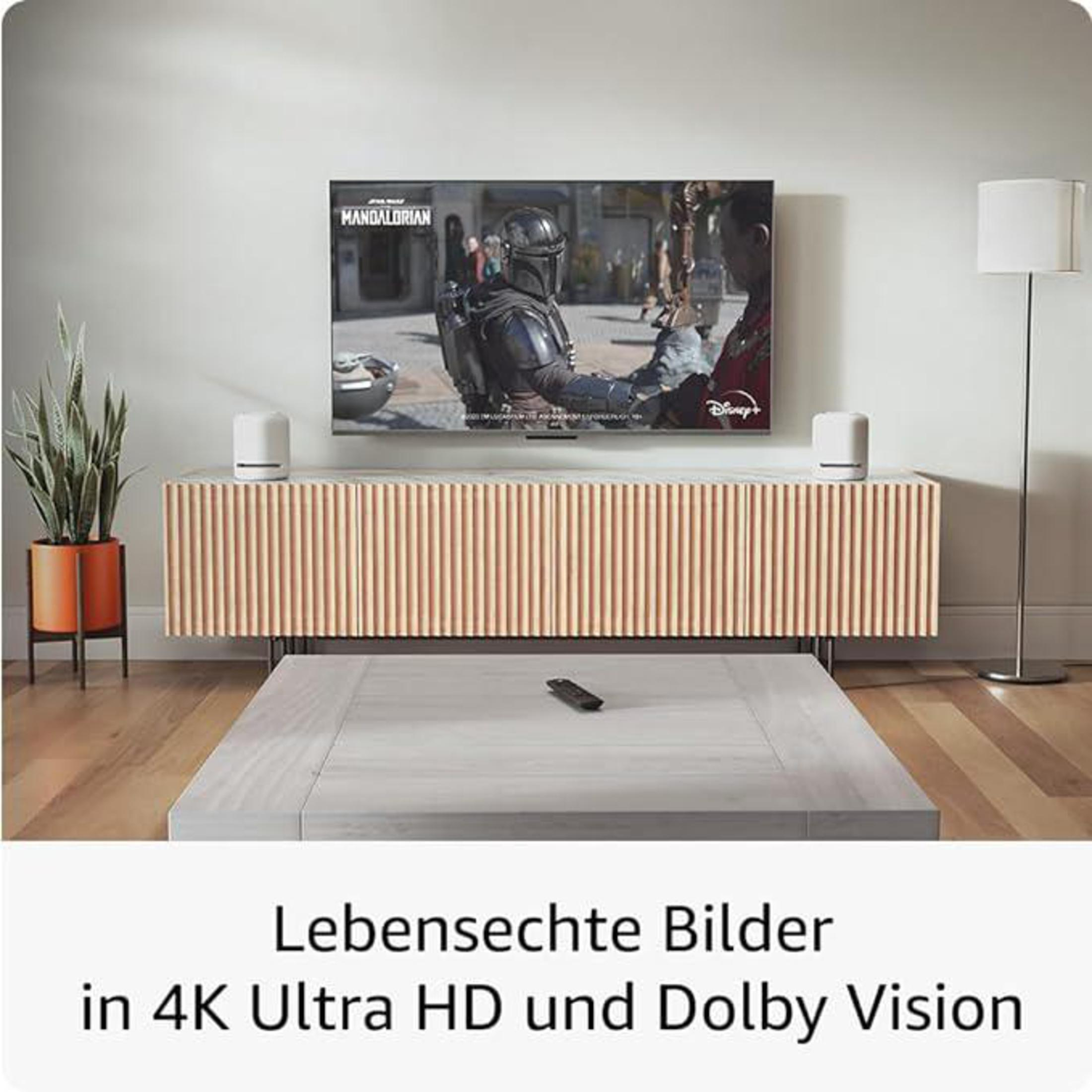 Wohnzimmer mit TV, Soundbars, Couchtisch und Pflanze. Der TV zeigt eine Szene aus The Mandalorian.