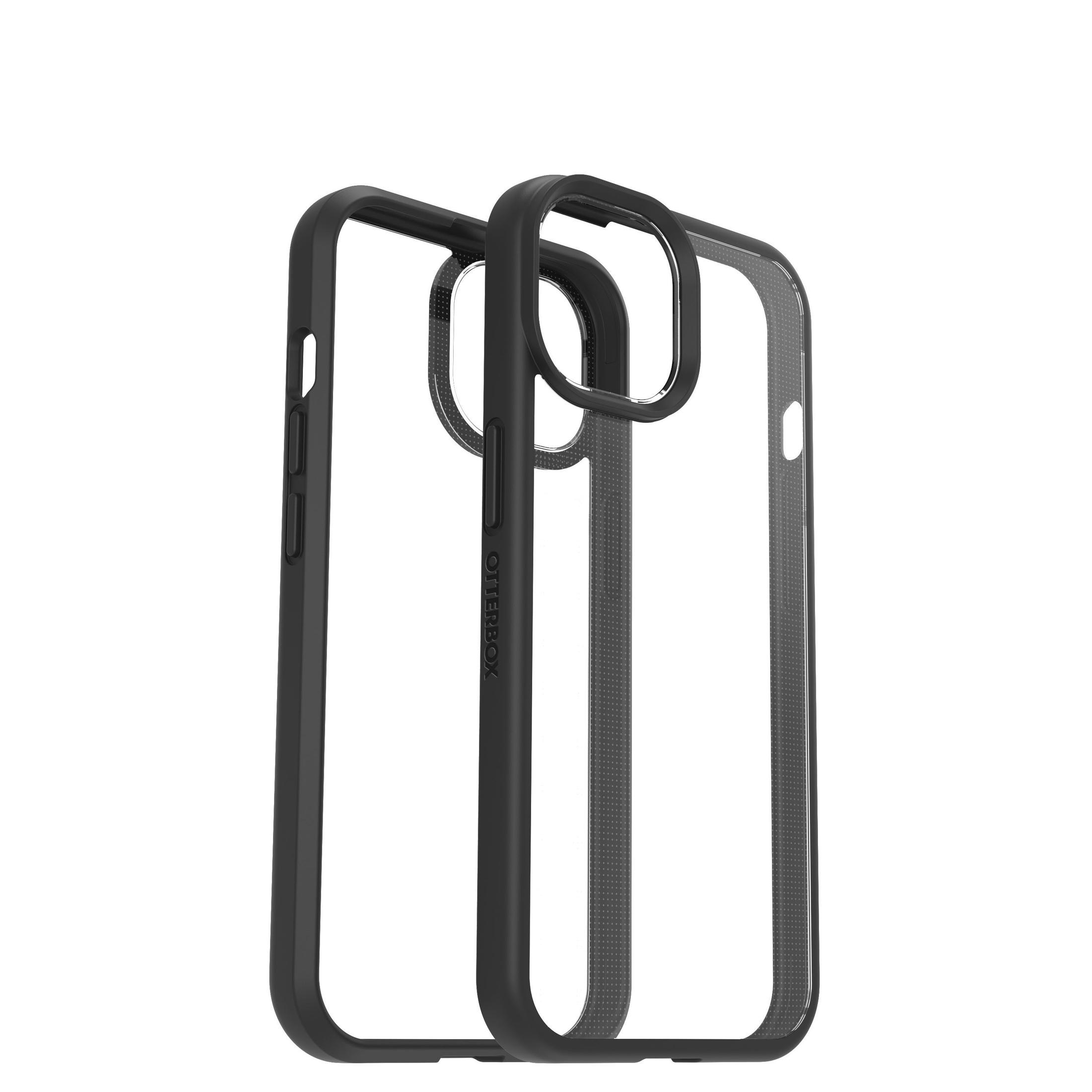 Two black phone cases, clear centers, side buttons visible. White background.