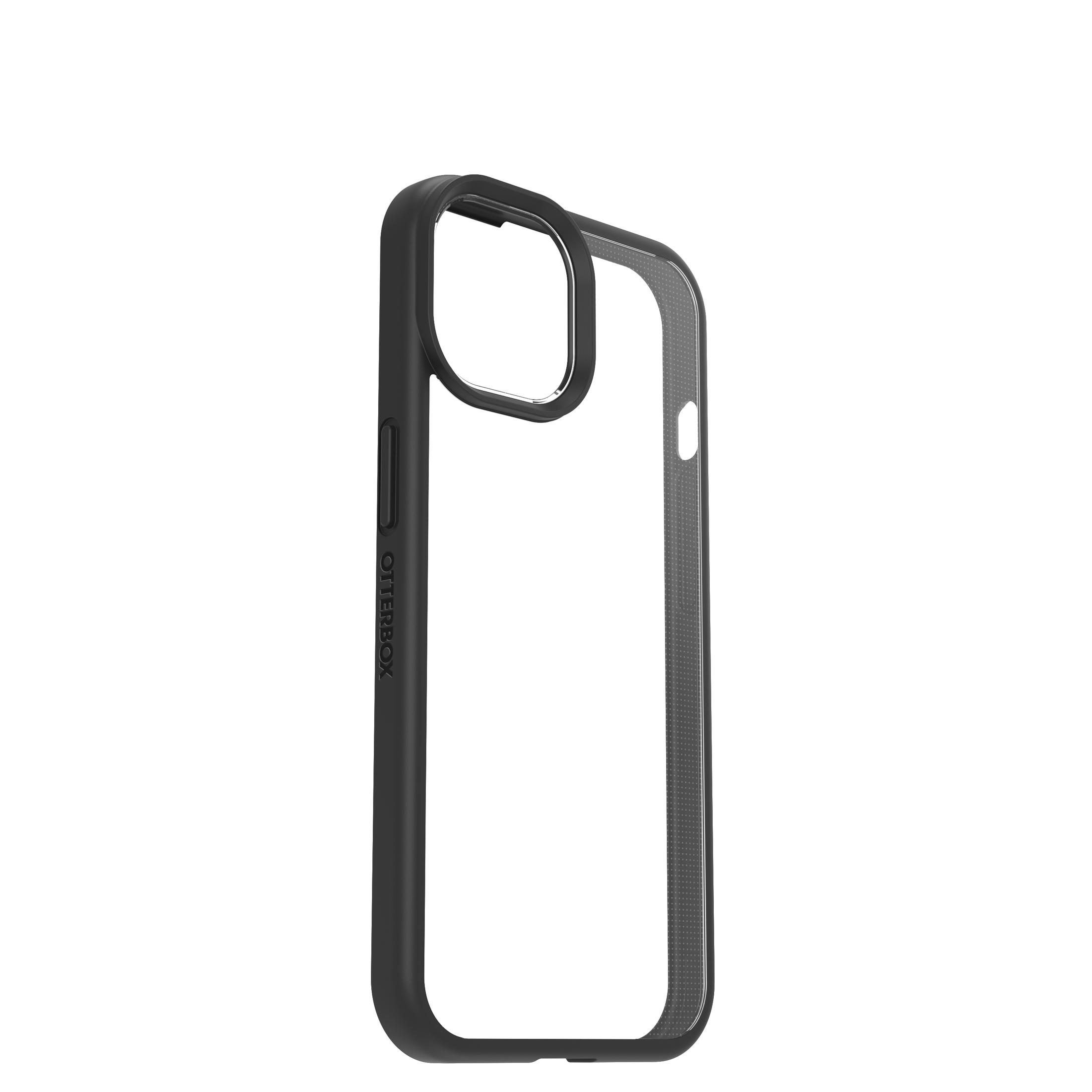 Black phone case with clear back. Shows the Otterbox logo on the side. Phone outline visible.