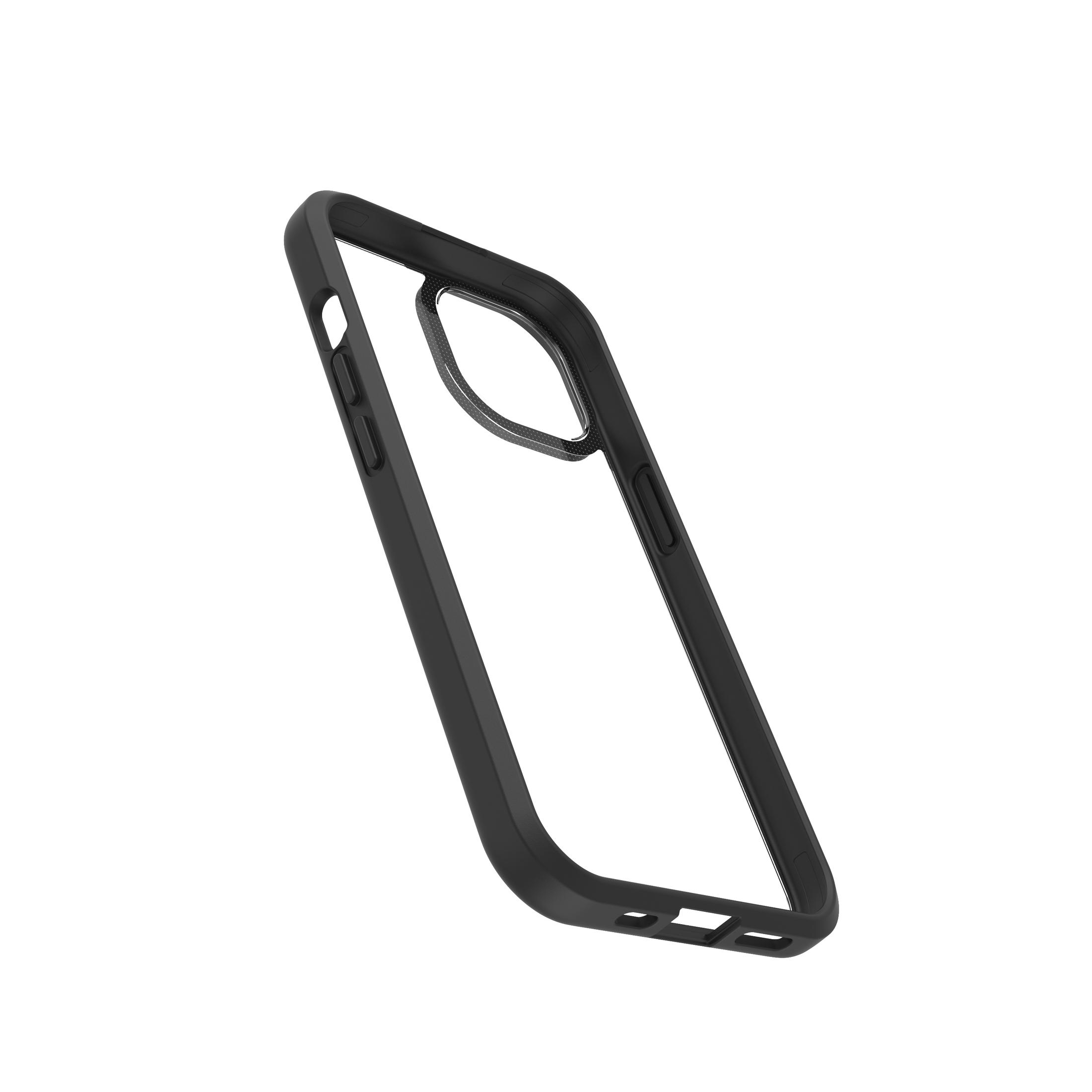 Black phone case. It is transparent in the middle and has black edges.