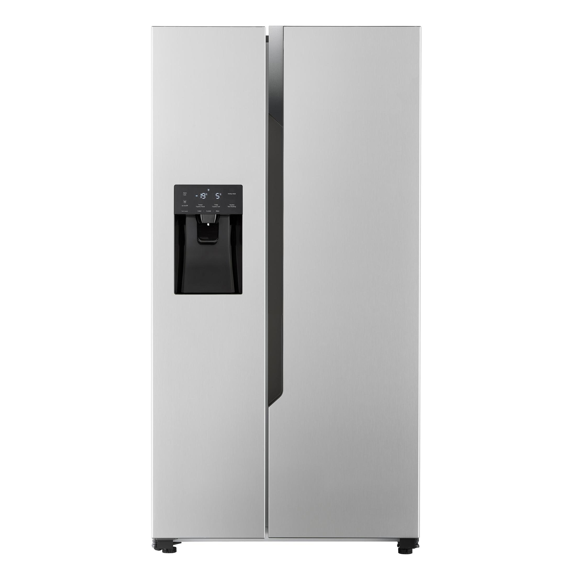 Silberfarbener Side-by-Side-Kühlschrank mit schwarzem Wasserspender. Weißer Hintergrund.
