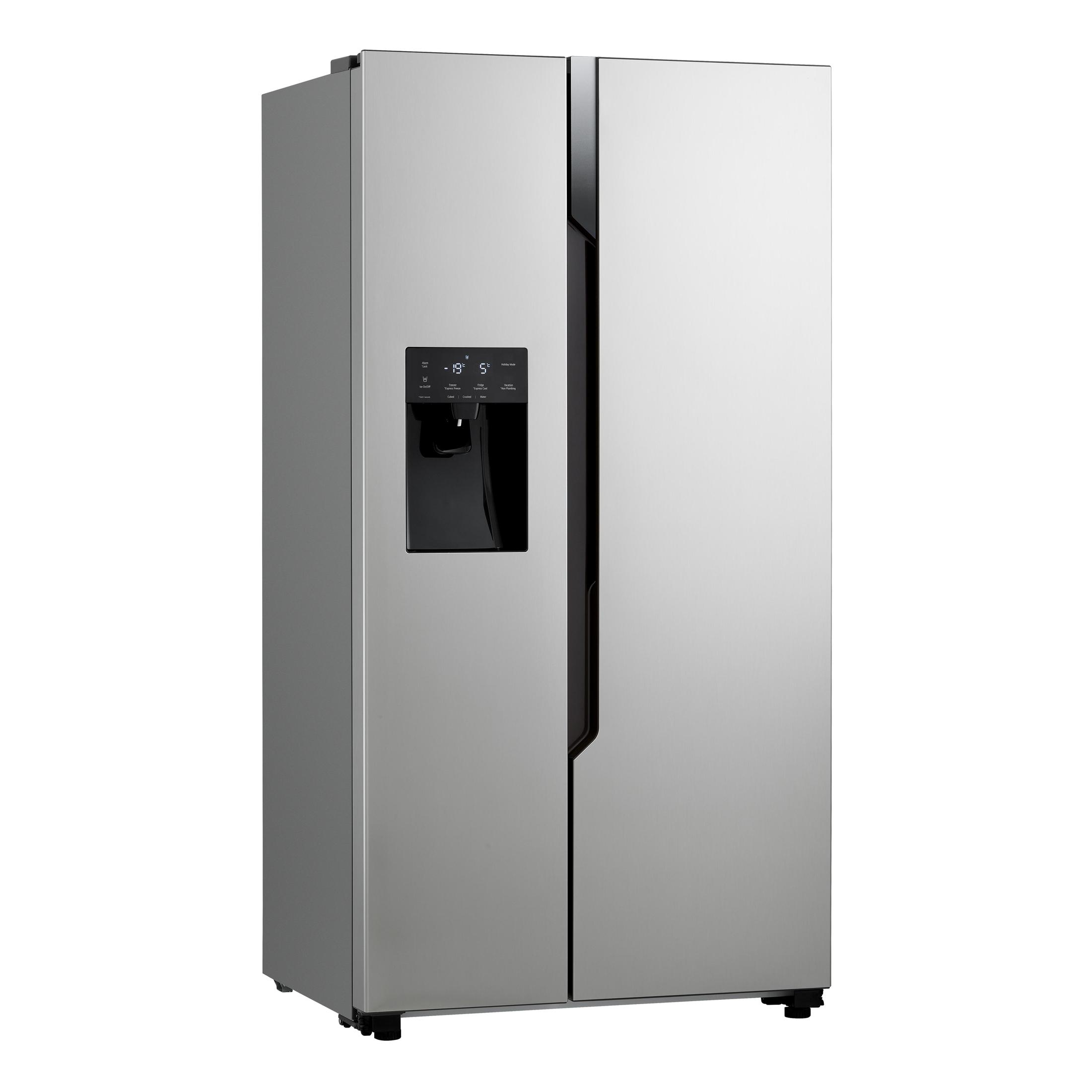 Ein Edelstahl-Side-by-Side-Kühlschrank. Mit schwarzem Bedienfeld und Wasserspender.