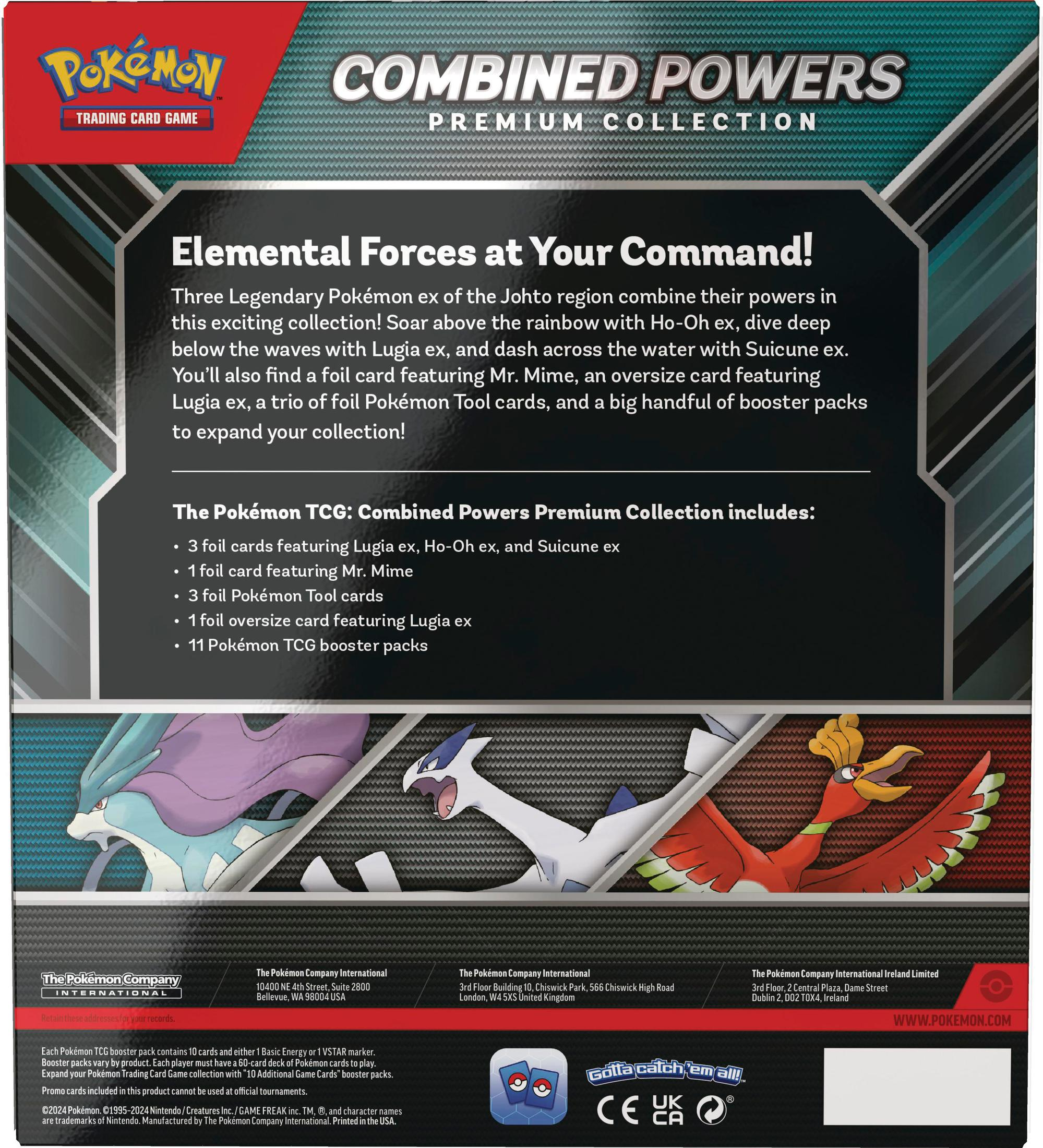 Parte trasera de un set de cartas Pokémon, con Lugia, Ho-Oh y Suicune. El texto describe el contenido.