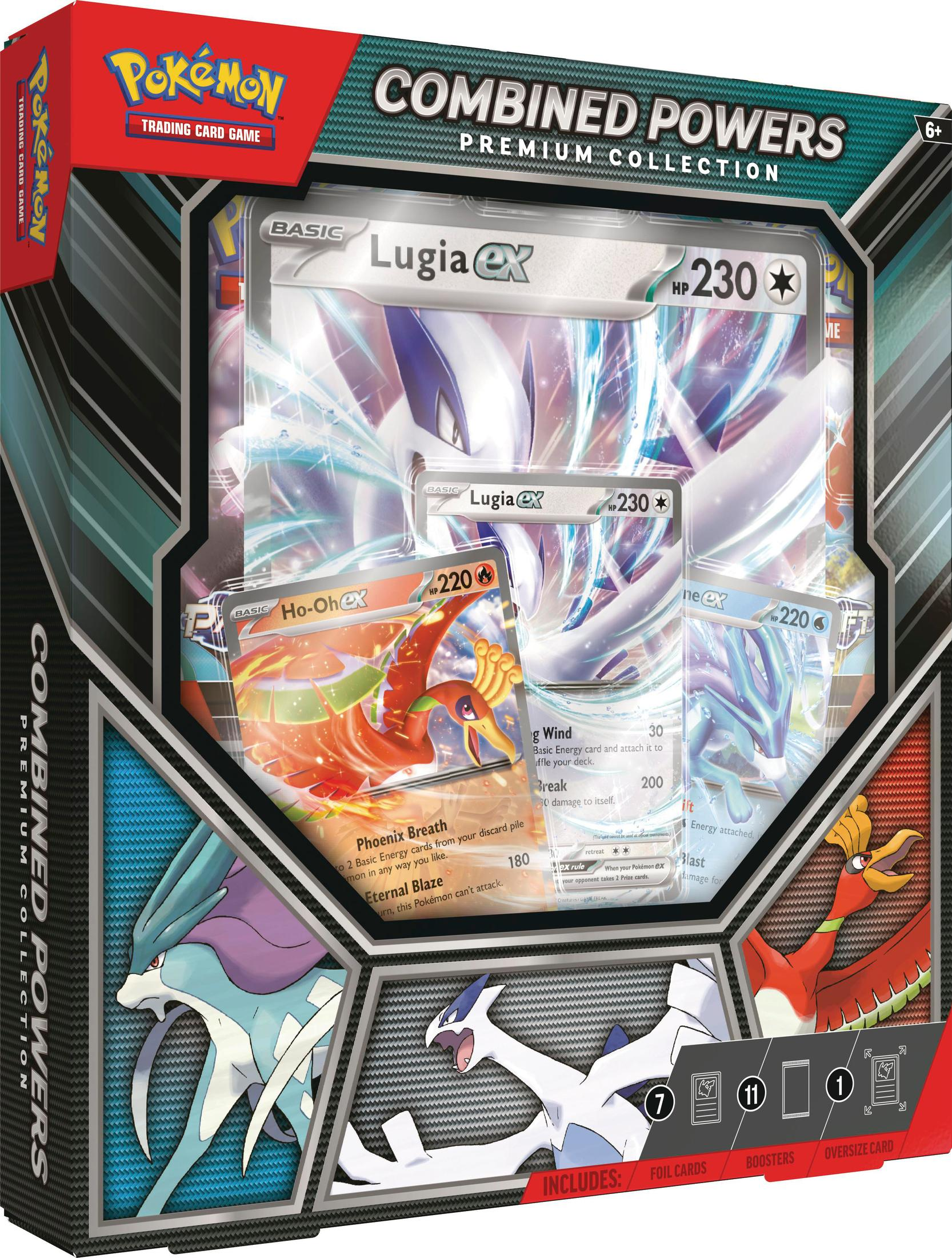 Un juego de cartas coleccionables Pokémon, con Lugia GX y otras cartas. La caja es colorida.