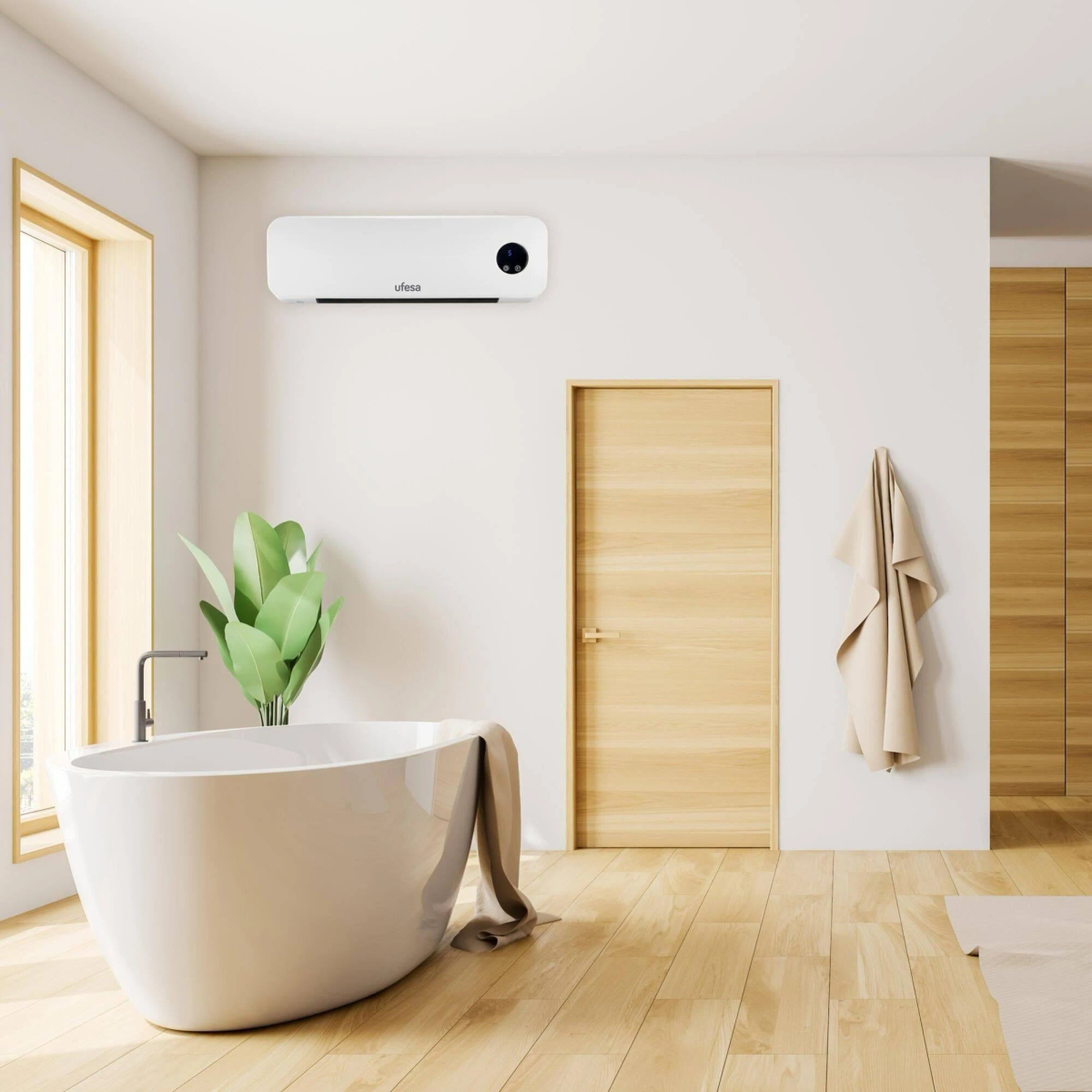 Escena de baño moderno. Bañera blanca, calefactor en la pared, planta verde, puerta y suelo de madera.
