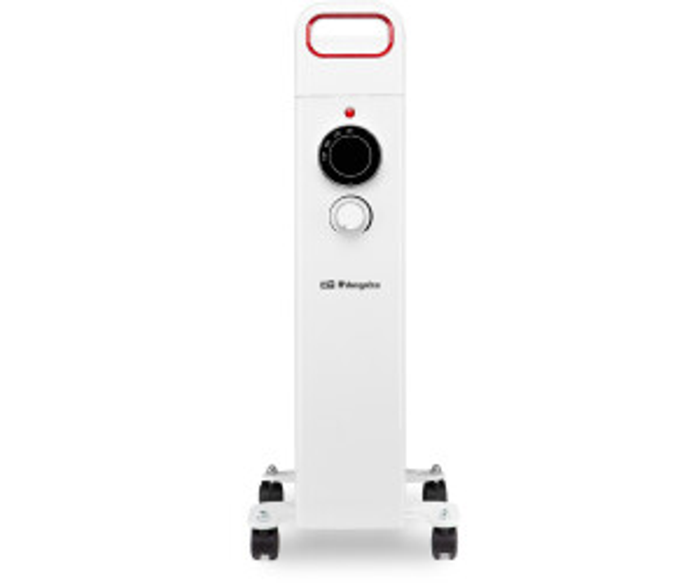 Termosifone elettrico bianco. Maniglia rossa, comandi neri, logo argentato e ruote nere.
