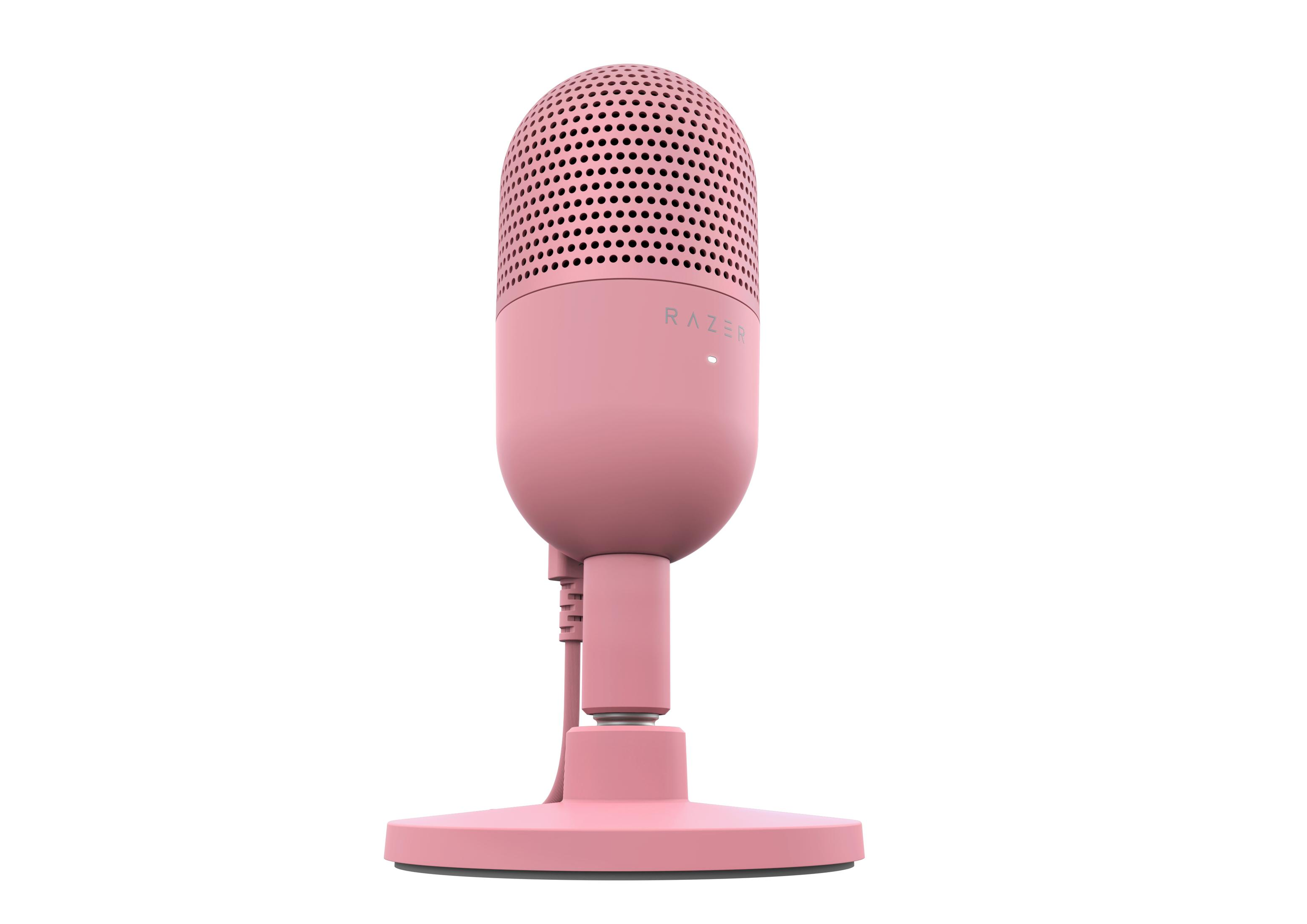 Ein rosa Razer-Mikrofon auf weißem Hintergrund.