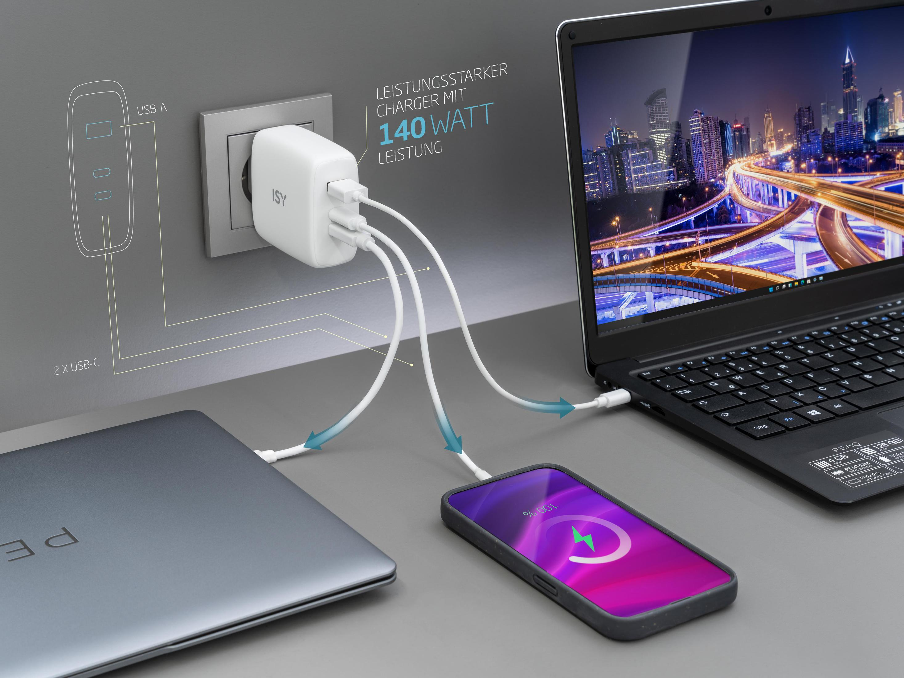 Ladegerät mit mehreren USB-Anschlüssen, an Geräte angeschlossen: Laptop, Telefon.