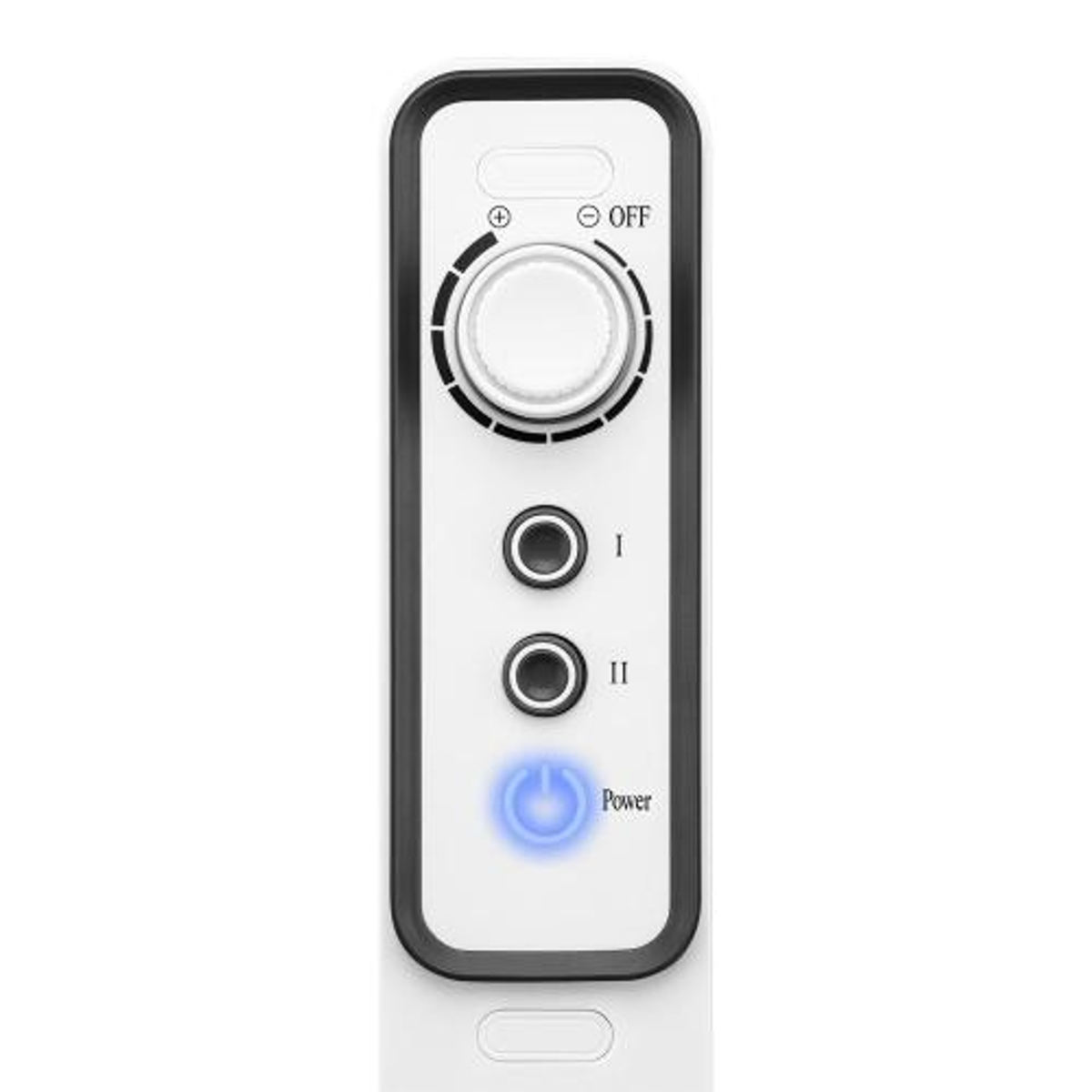 Zbliżenie panelu sterowania białego grzejnika. Posiada przyciski i pokrętło.