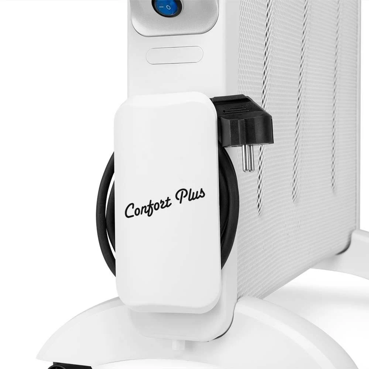 Biały grzejnik elektryczny ze słowami „Confort Plus” i czarnym przewodem zasilającym. Tło jest białe.