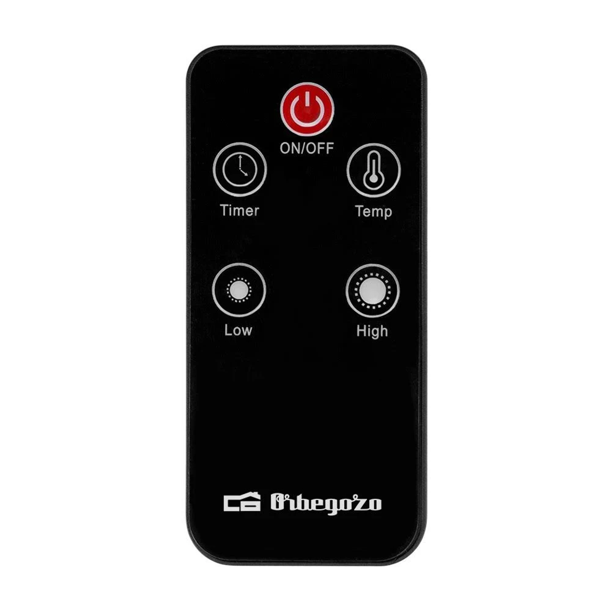 Czarny pilot z oznaczonymi przyciskami włącz/wyłącz, timer, temp, niski i wysoki.