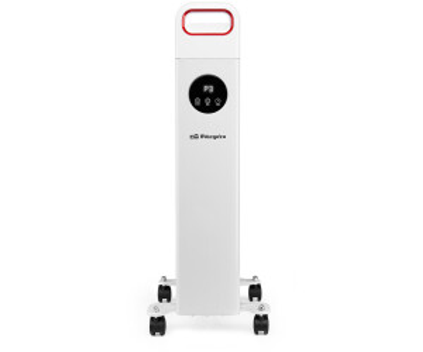 Biały, prostokątny oczyszczacz powietrza na kółkach, z czerwonym uchwytem i okrągłym panelem sterowania.