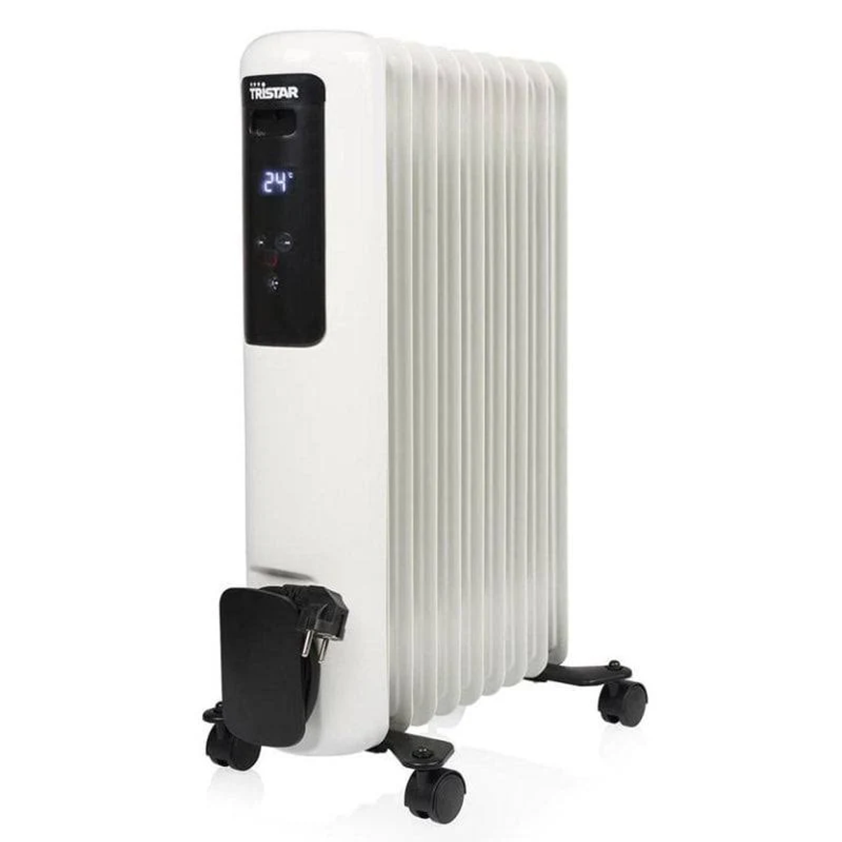 Un radiatore ad olio bianco con display digitale e pannello di controllo su ruote.
