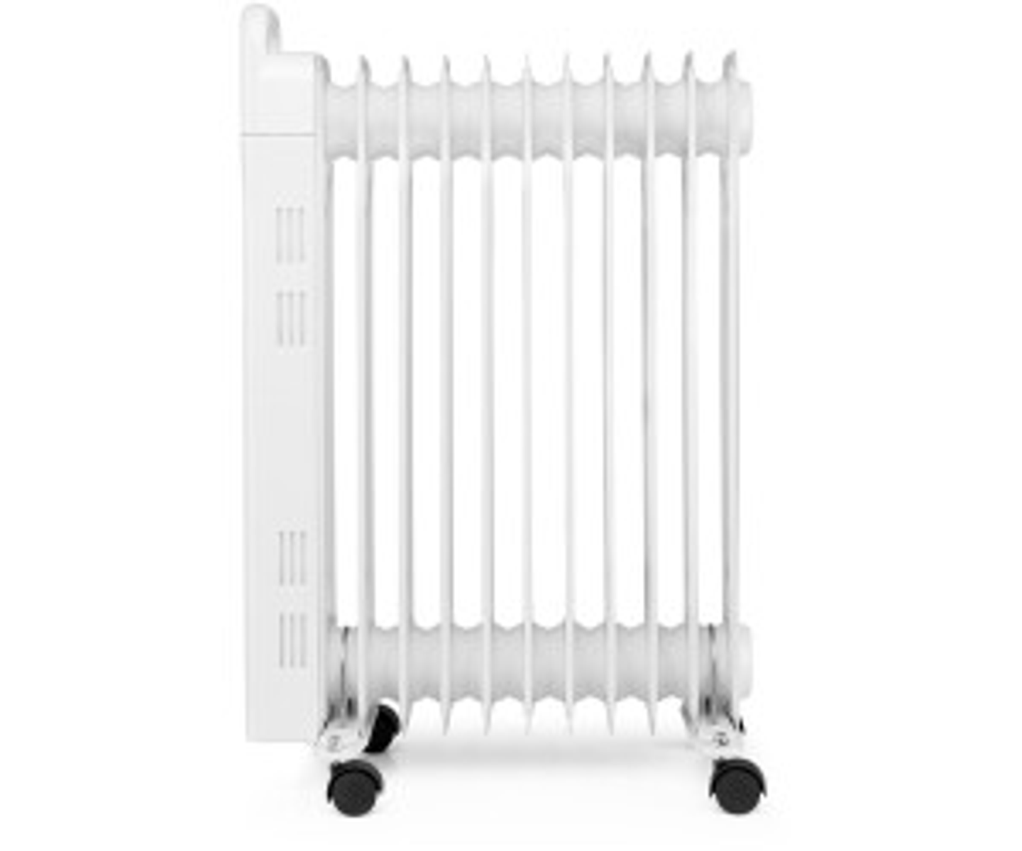Biały grzejnik olejowy z wieloma żebrami, po prawej stronie, z czarnymi kółkami na dole.