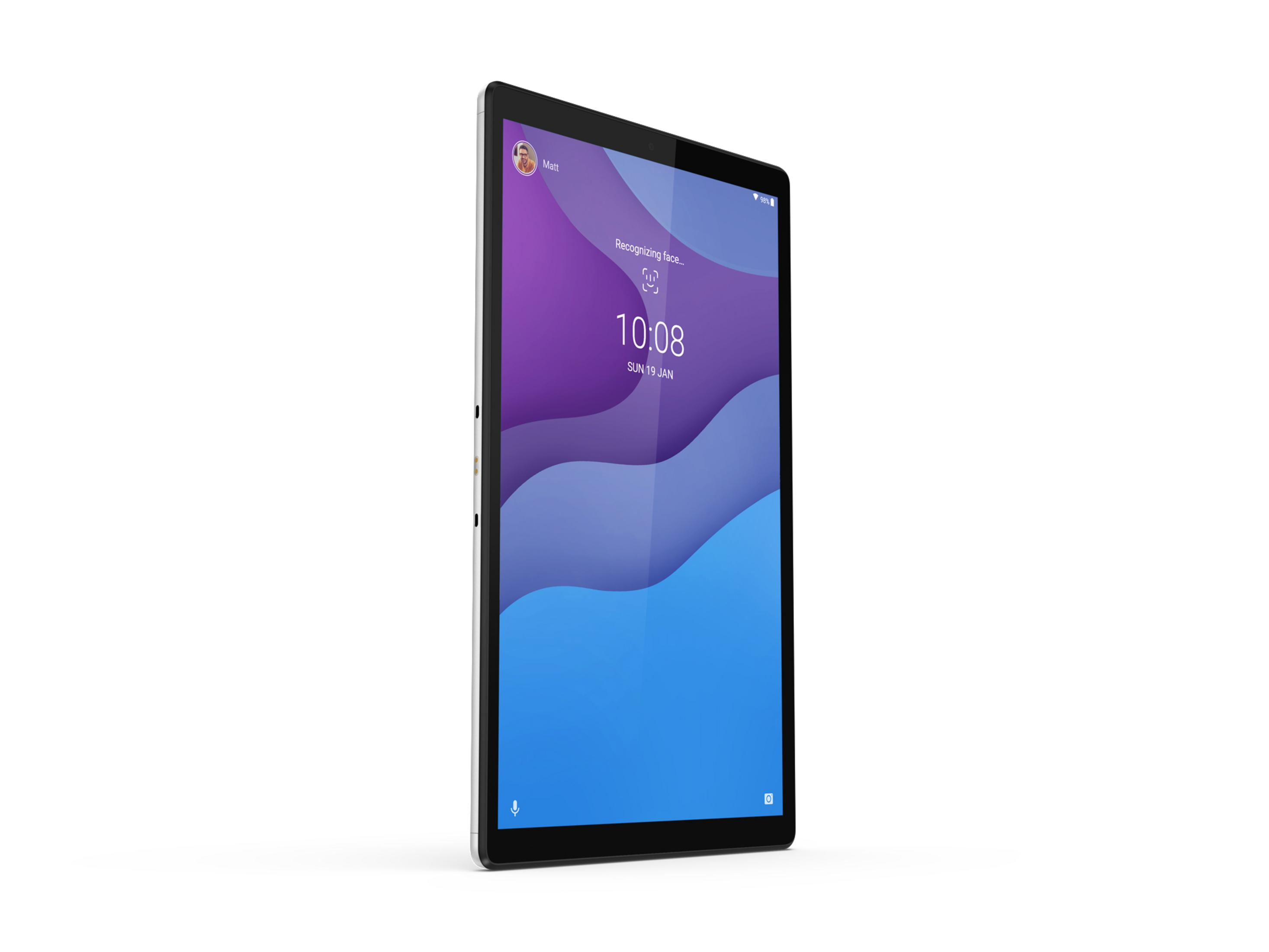 Tablet auf Weiß. Bildschirm zeigt App-Symbole, Uhrzeit und einen lila-blauen abstrakten Hintergrund.