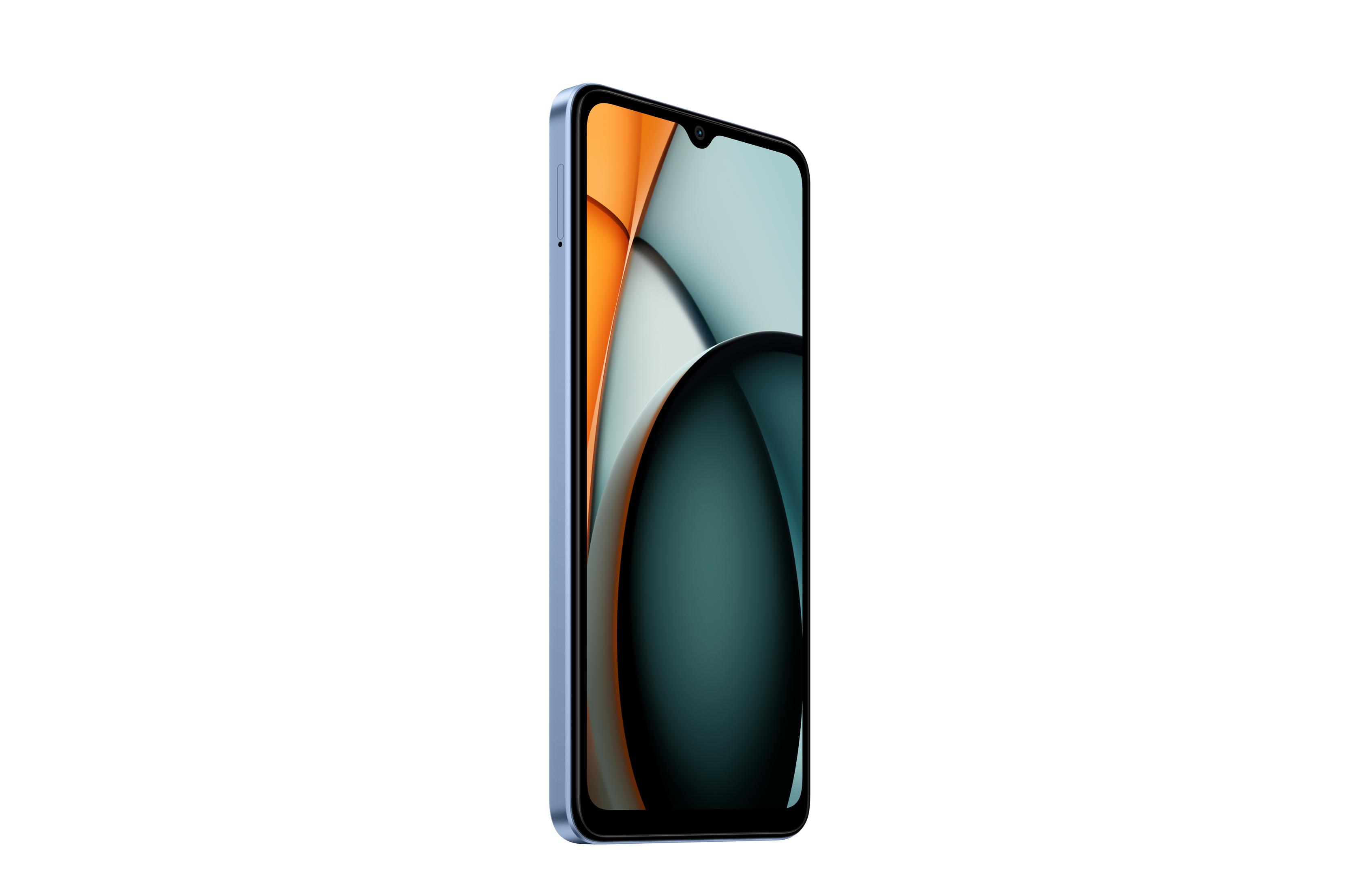 Un teléfono inteligente con marco azul muestra un diseño abstracto naranja, negro y verde azulado en la pantalla.