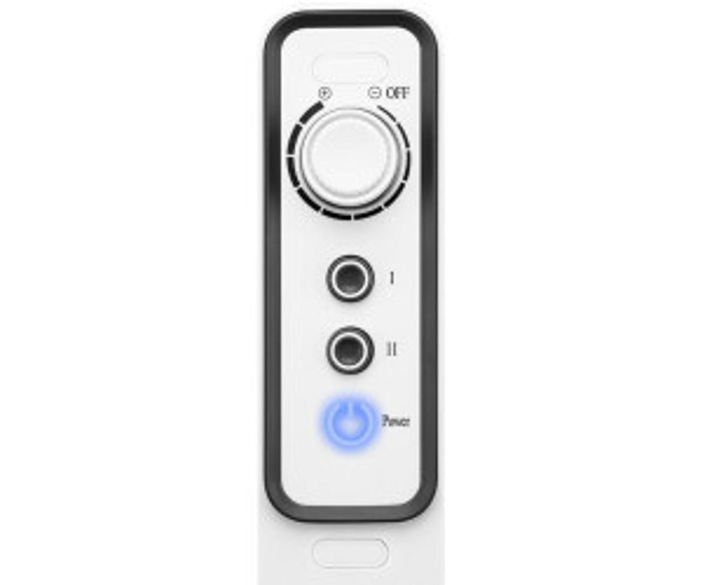 Biały panel sterowania z przyciskami i pokrętłem. Niebieski przycisk zasilania.