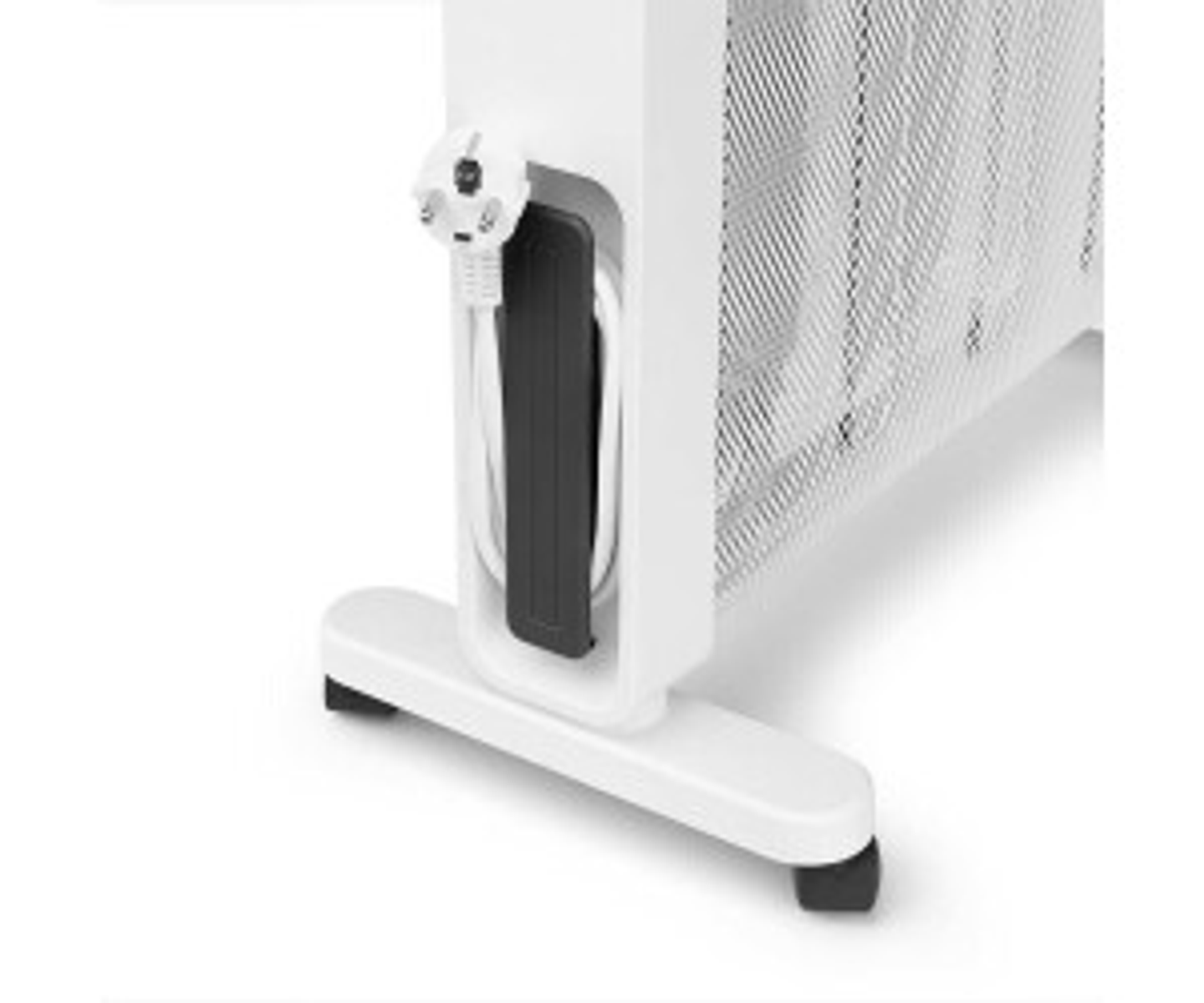 Biały grzejnik elektryczny z czarnym kablem i wtyczką. Grzejnik ma białą podstawę.