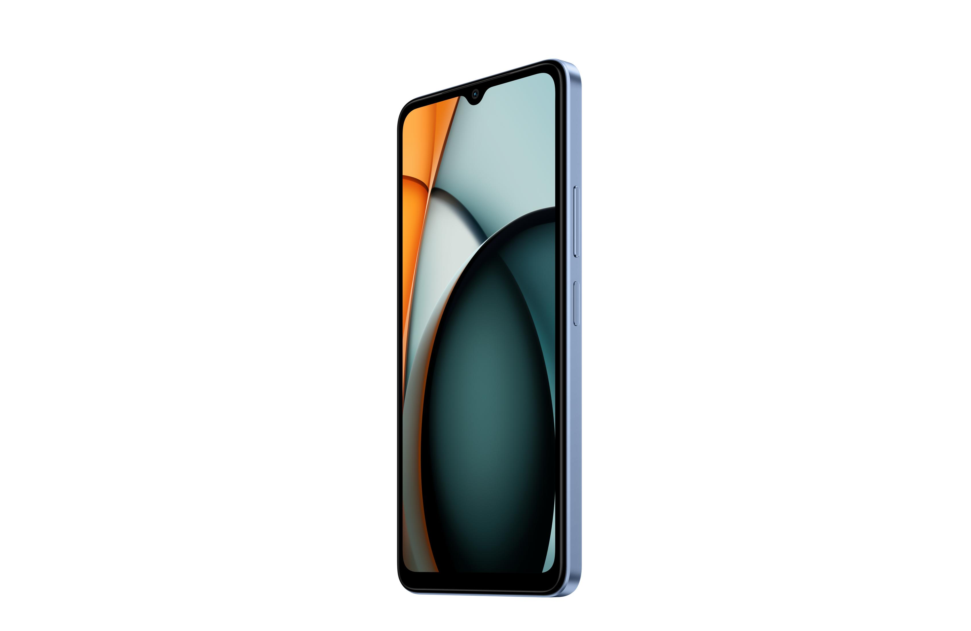 Smartphone azul, visto de lado. Tiene una pantalla y botones laterales. Aislado sobre blanco.
