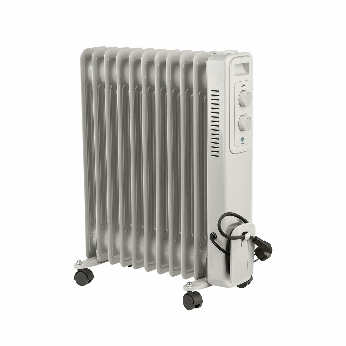 Calentador de radiador de aceite blanco con controles y cable de alimentación sobre una superficie blanca.