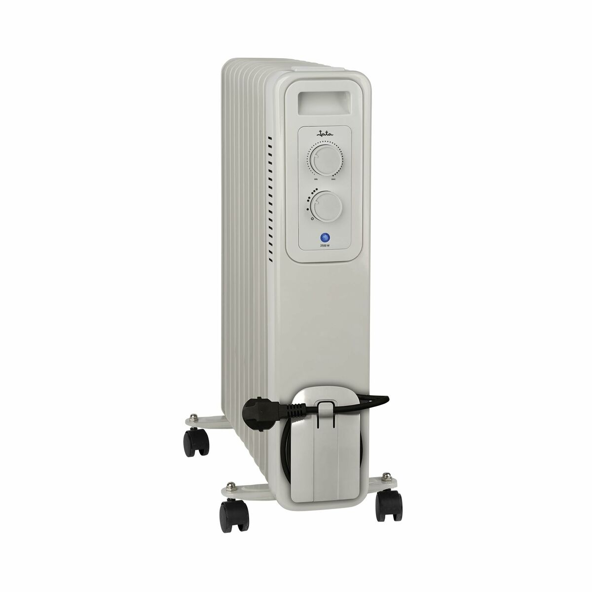 Radiador de aceite blanco sobre ruedas. Tiene perillas de control y un soporte para el cable.