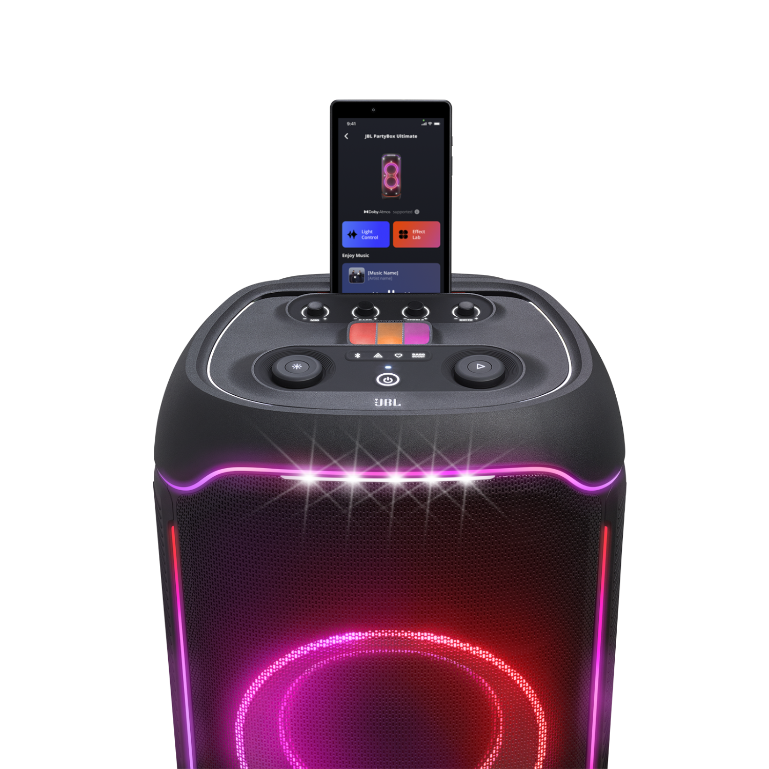 Schwarzer JBL PartyBox-Lautsprecher mit Smartphone, das App-Oberfläche zeigt.