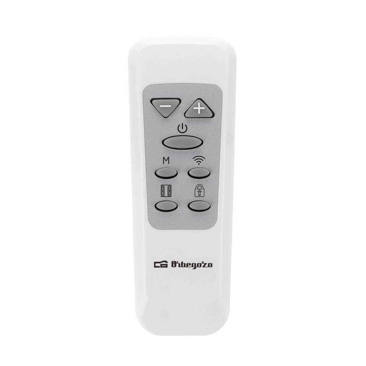 Biały pilot z przyciskami. Ma przycisk zasilania i inne przyciski sterowania.