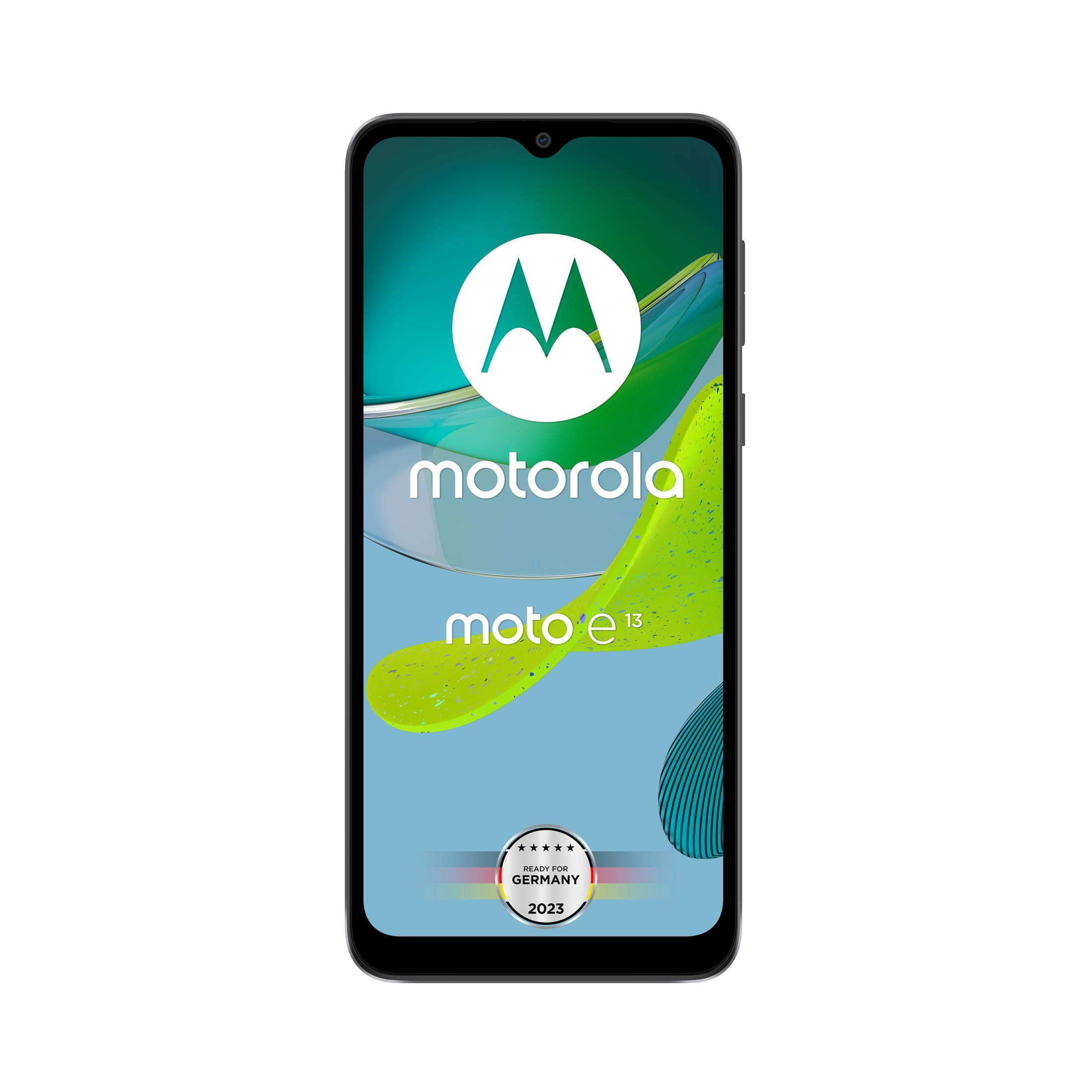 Czarny smartfon z dużym ekranem, wyświetlający logo Motorola i tekst 'moto e13'.