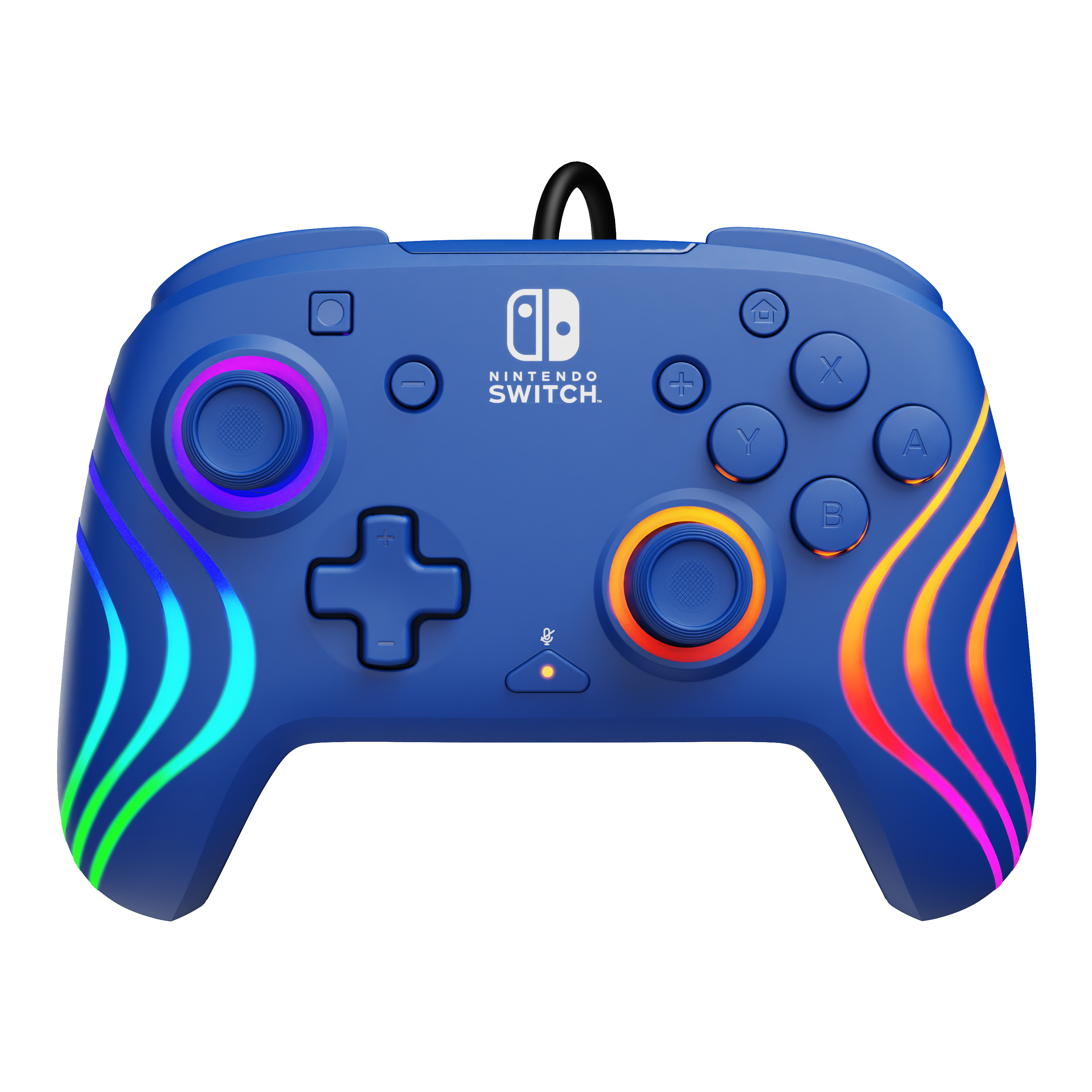 Niebieski kontroler Nintendo Switch. Posiada tęczowe paski świetlne i przyciski.