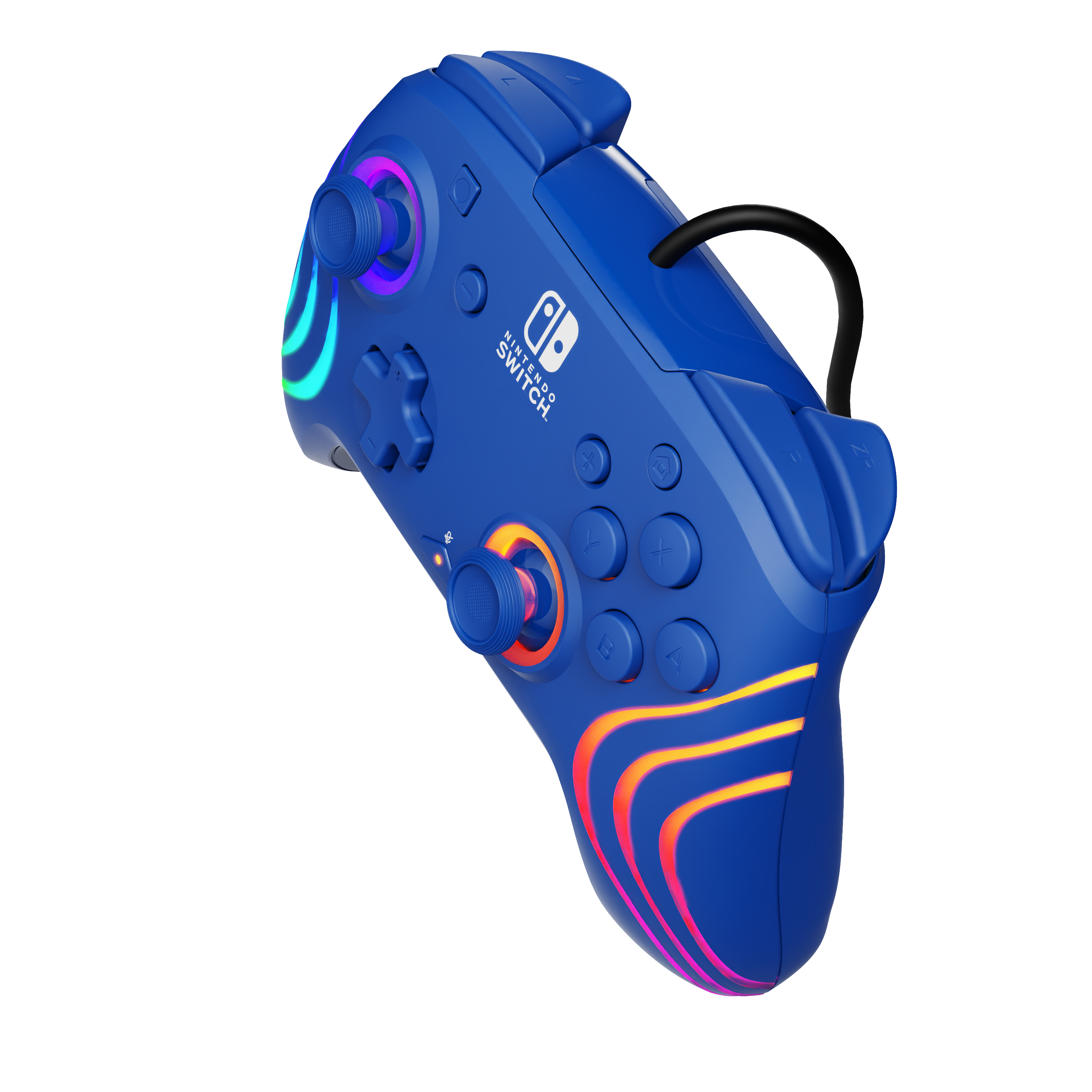 Niebieski kontroler Nintendo Switch z gradientem kolorów. Przyciski są widoczne.