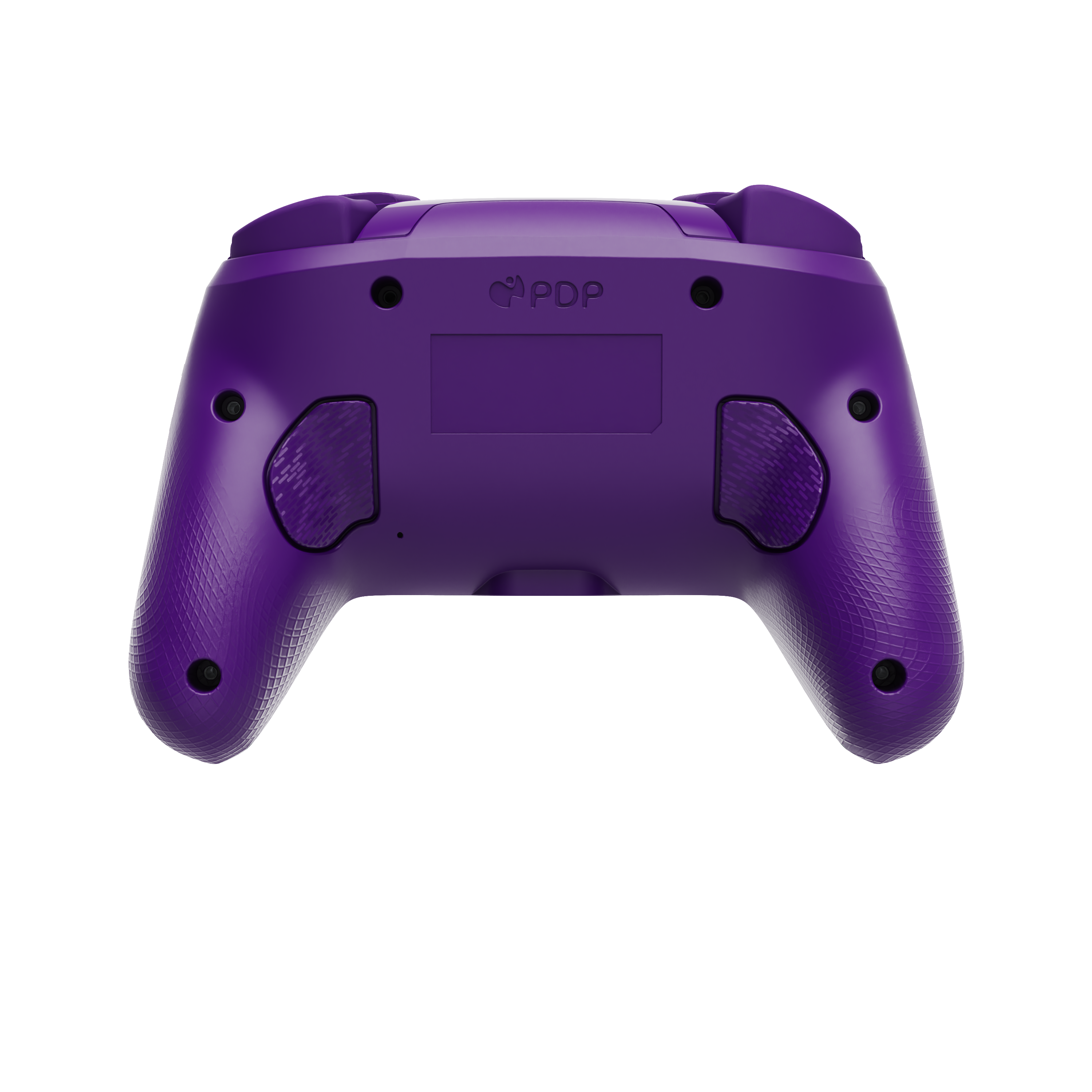 Lila Gamecontroller, Rückansicht. Zeigt Knöpfe und einen leeren Bereich zur Anpassung.