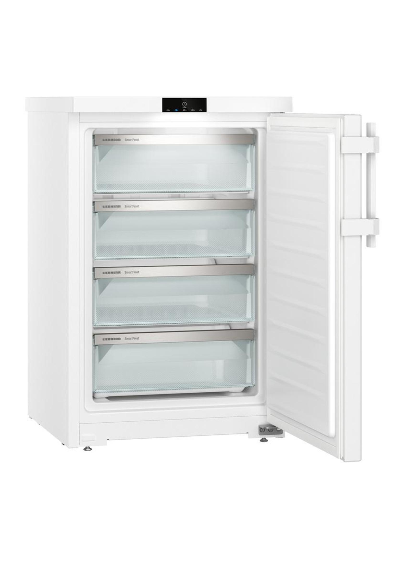 Un refrigerador blanco con cuatro cajones transparentes y puerta abierta.