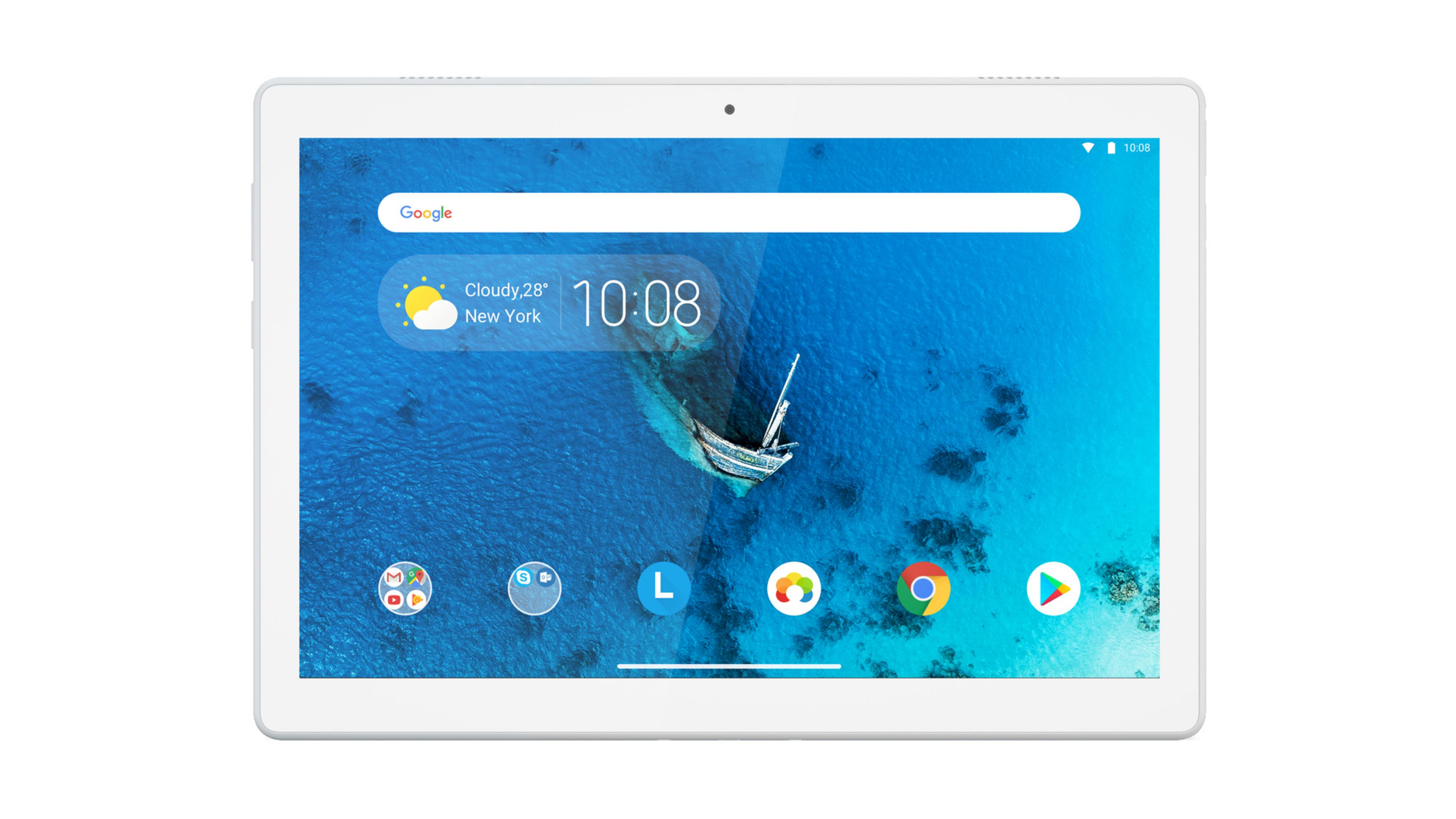 Tablet wyświetlający scenę plażową z ikonami na ekranie i białą ramką.