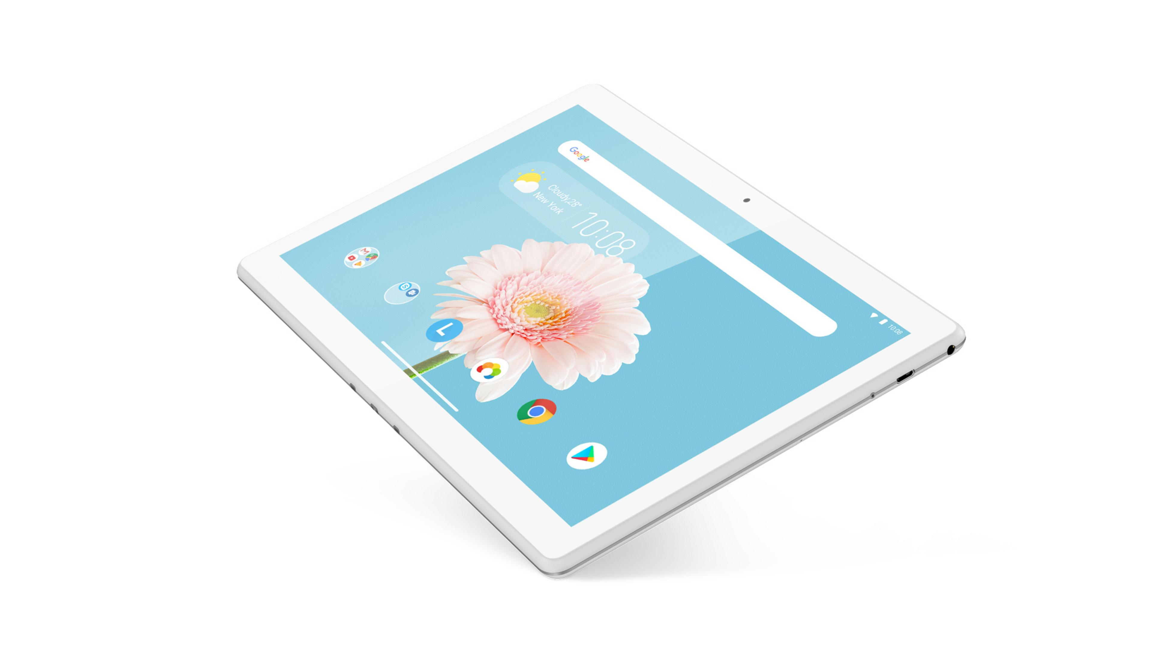 Biały tablet z kwiatowym wyświetlaczem. Ekran pokazuje różowy kwiat i kilka ikon aplikacji.